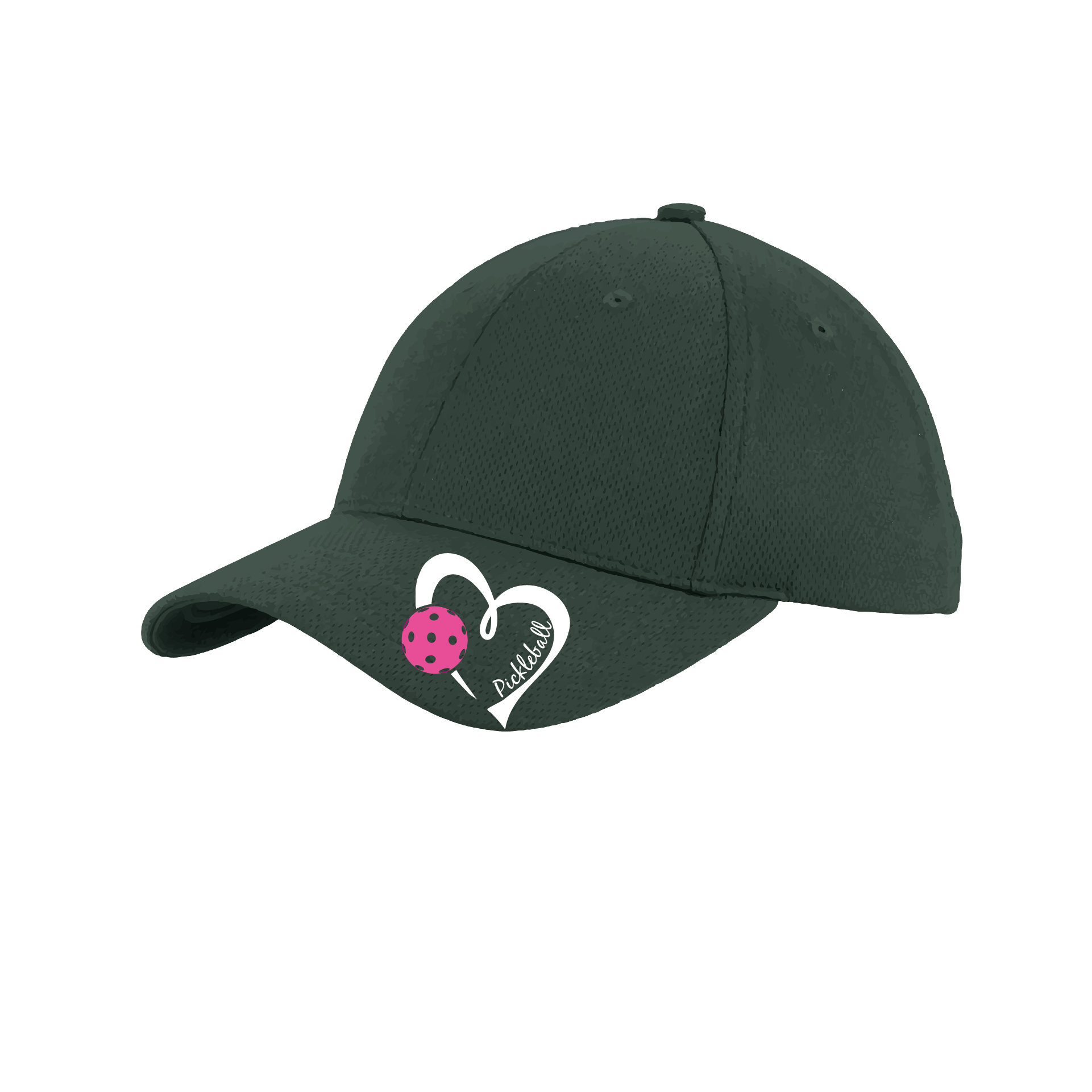 Pickleball Hat Design: Pickleball Heart  This fun pickleball hat is the perfect accessory for all pickleball players needing to keep their focus on the game and not the sun. The moisture-wicking material is made of 100% polyester with closed-hole flat back mesh and PosiCharge Technology. The back closure is a hock and loop style made to adjust to every adult.