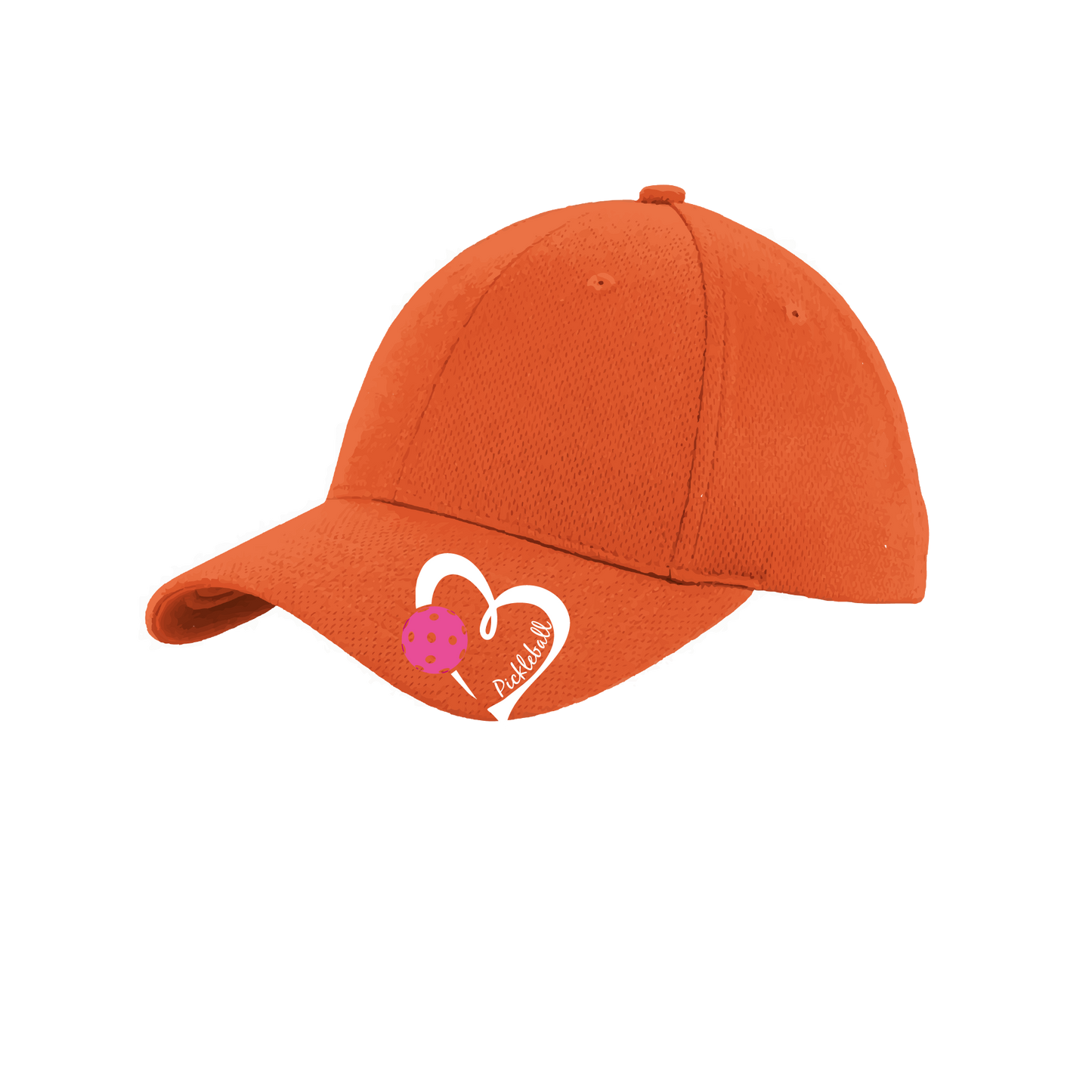 Pickleball Hat Design: Pickleball Heart  This fun pickleball hat is the perfect accessory for all pickleball players needing to keep their focus on the game and not the sun. The moisture-wicking material is made of 100% polyester with closed-hole flat back mesh and PosiCharge Technology. The back closure is a hock and loop style made to adjust to every adult.