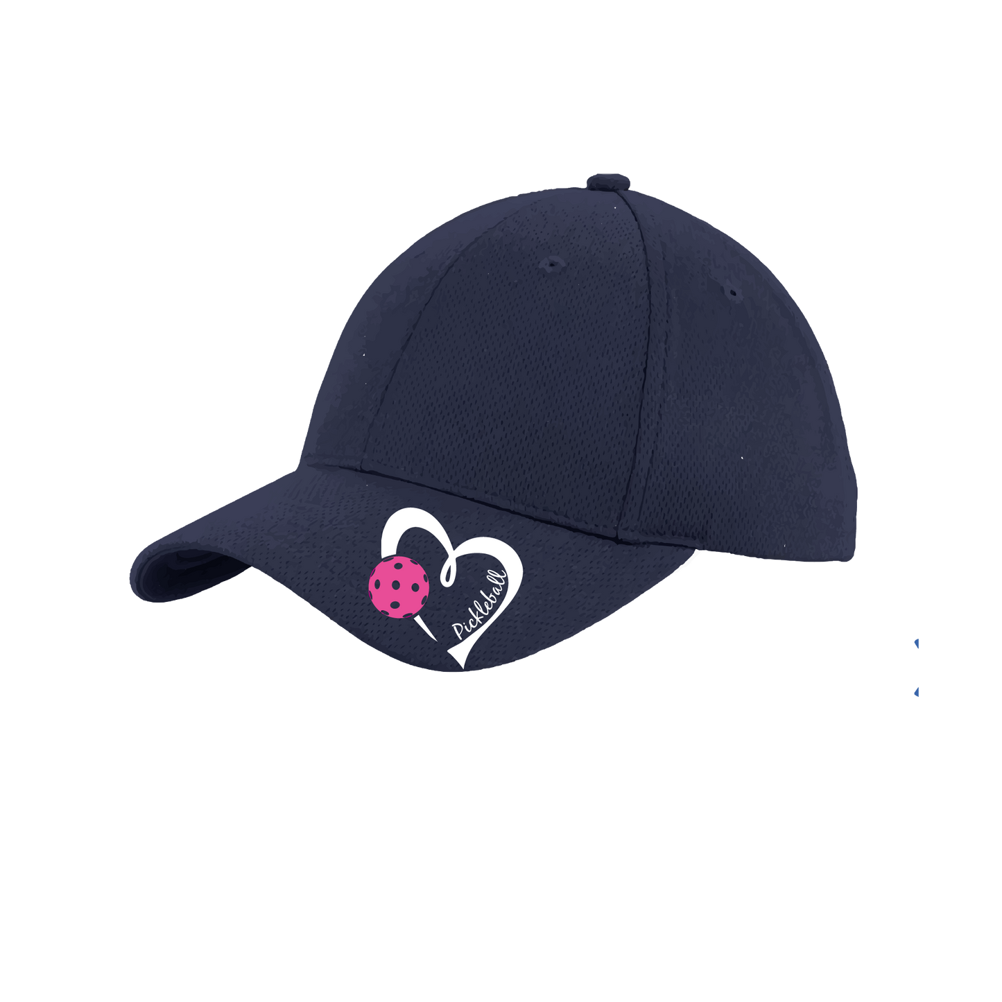 Pickleball Hat Design: Pickleball Heart  This fun pickleball hat is the perfect accessory for all pickleball players needing to keep their focus on the game and not the sun. The moisture-wicking material is made of 100% polyester with closed-hole flat back mesh and PosiCharge Technology. The back closure is a hock and loop style made to adjust to every adult.