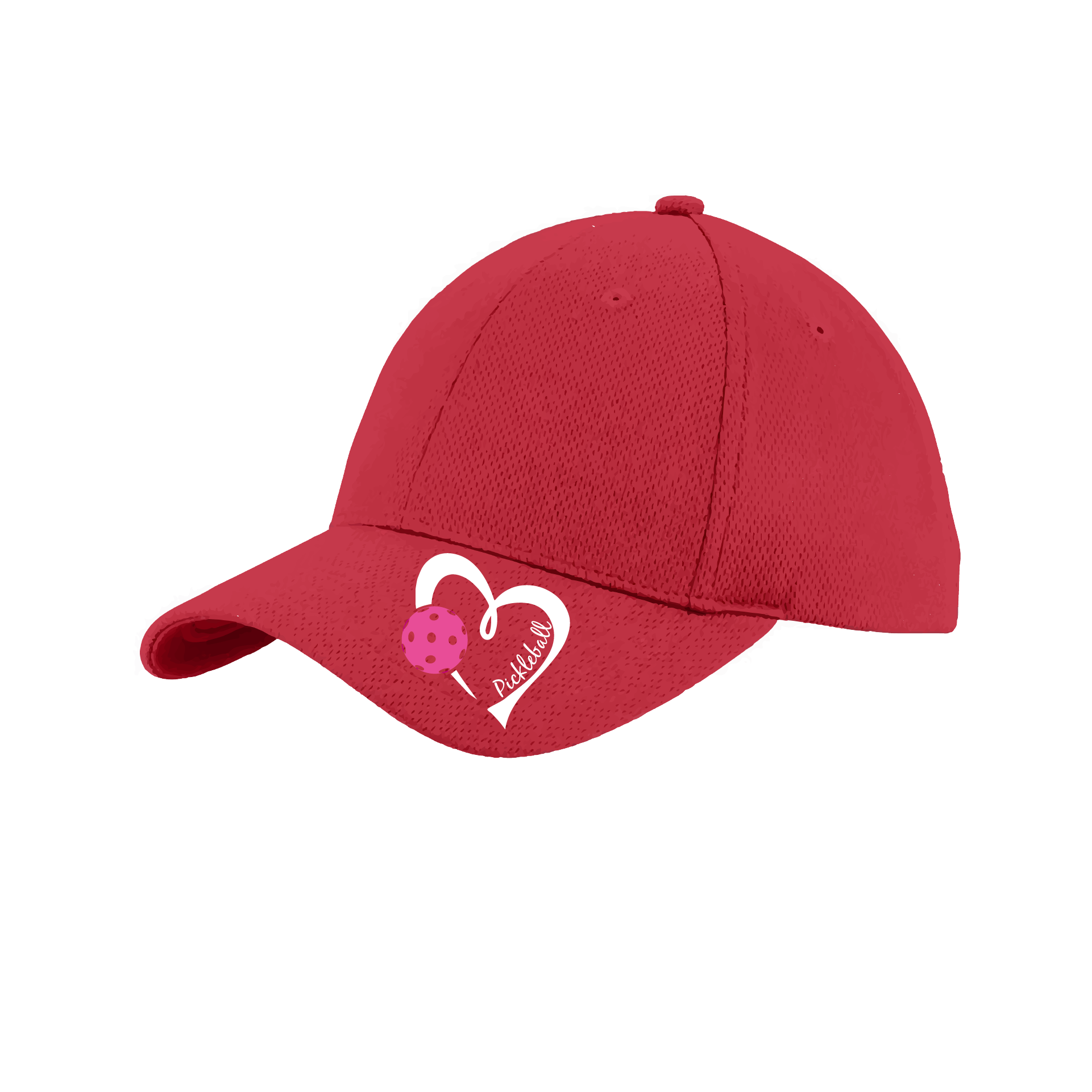 Pickleball Hat Design: Pickleball Heart  This fun pickleball hat is the perfect accessory for all pickleball players needing to keep their focus on the game and not the sun. The moisture-wicking material is made of 100% polyester with closed-hole flat back mesh and PosiCharge Technology. The back closure is a hock and loop style made to adjust to every adult.