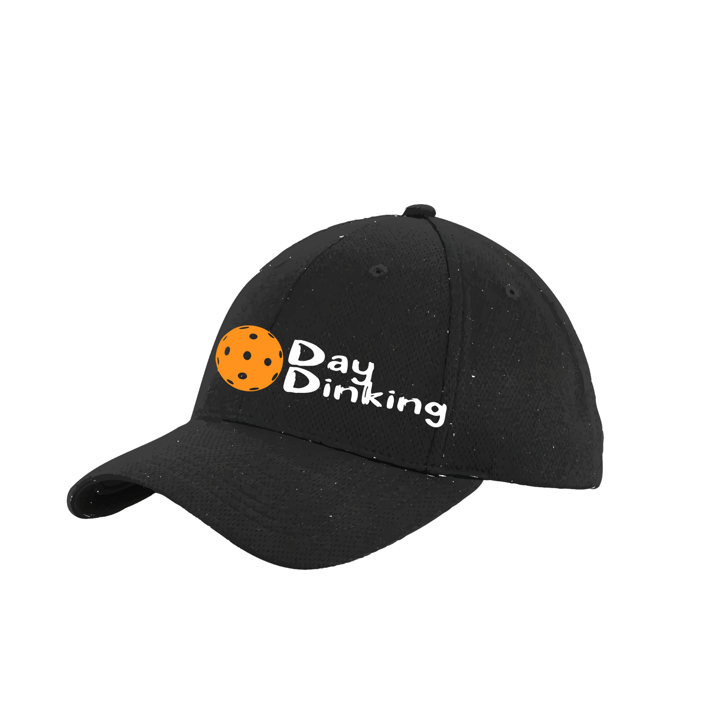 Design: Day Dinking with Customizable Pickleball Color  This fun pickleball hat is the perfect accessory for all pickleball players needing to keep their focus on the game and not the sun. The moisture-wicking material is made of 100% polyester with closed-hole flat back mesh and PosiCharge Technology. The back closure is a hock and loop style made to adjust to every adult.