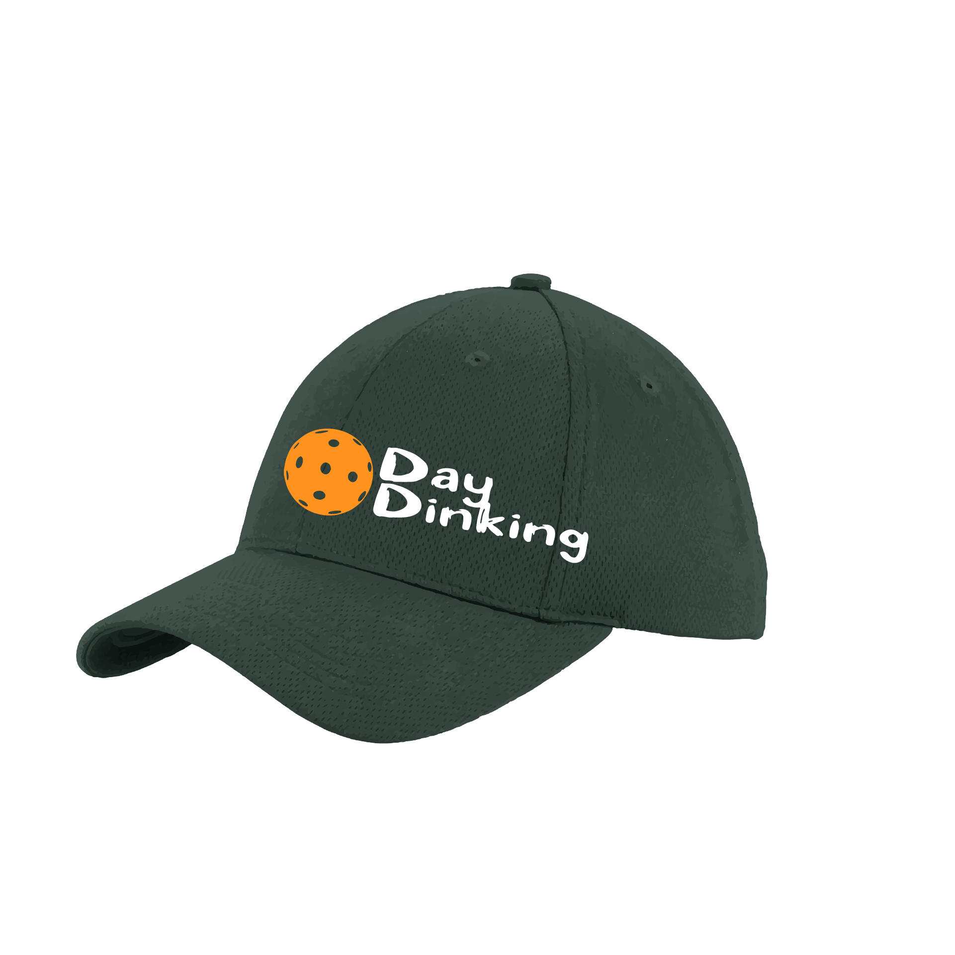 Design: Day Dinking with Customizable Pickleball Color  This fun pickleball hat is the perfect accessory for all pickleball players needing to keep their focus on the game and not the sun. The moisture-wicking material is made of 100% polyester with closed-hole flat back mesh and PosiCharge Technology. The back closure is a hock and loop style made to adjust to every adult.