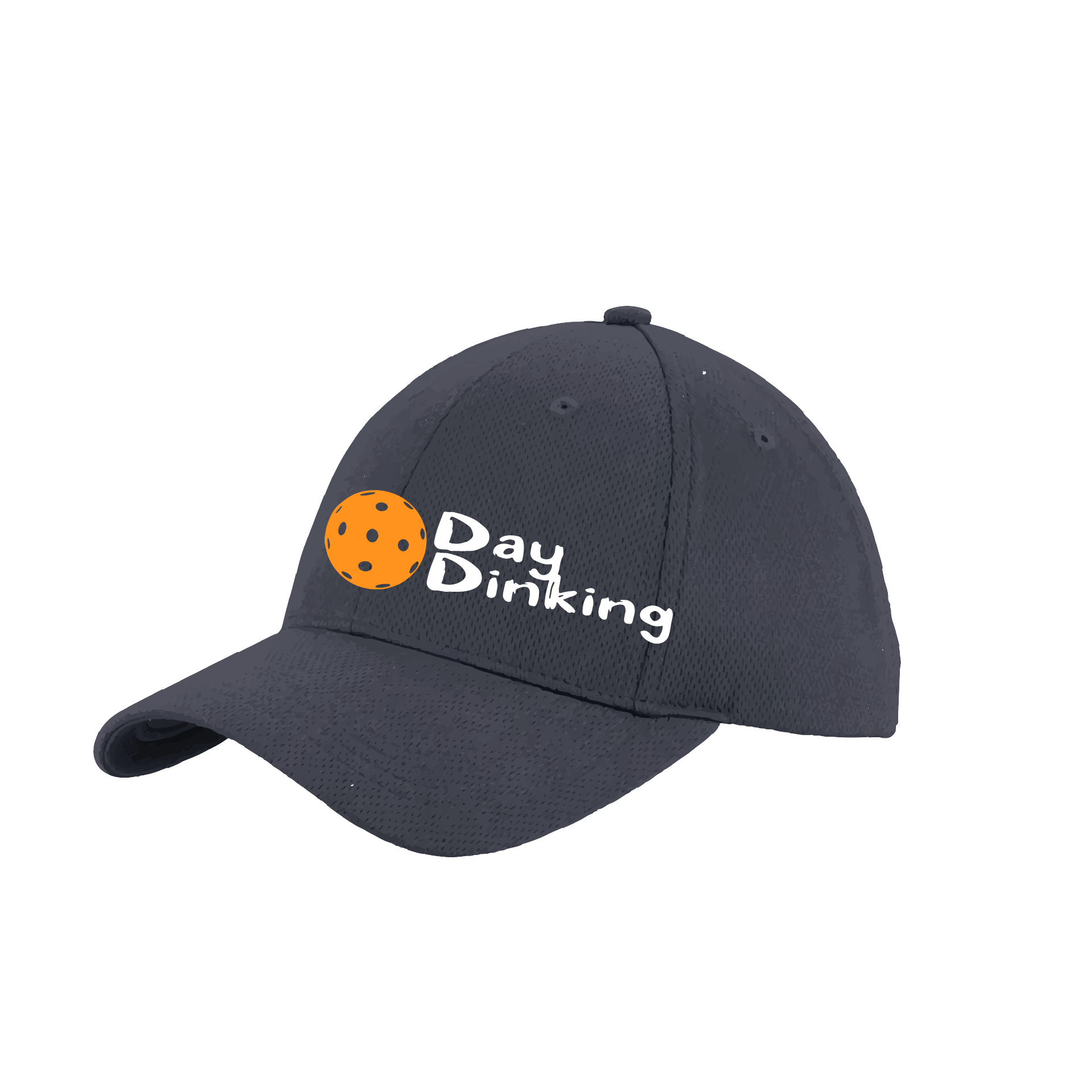 Design: Day Dinking with Customizable Pickleball Color  This fun pickleball hat is the perfect accessory for all pickleball players needing to keep their focus on the game and not the sun. The moisture-wicking material is made of 100% polyester with closed-hole flat back mesh and PosiCharge Technology. The back closure is a hock and loop style made to adjust to every adult.