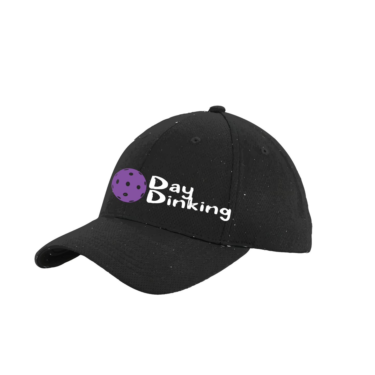 Design: Day Dinking with Customizable Pickleball Color  This fun pickleball hat is the perfect accessory for all pickleball players needing to keep their focus on the game and not the sun. The moisture-wicking material is made of 100% polyester with closed-hole flat back mesh and PosiCharge Technology. The back closure is a hock and loop style made to adjust to every adult.