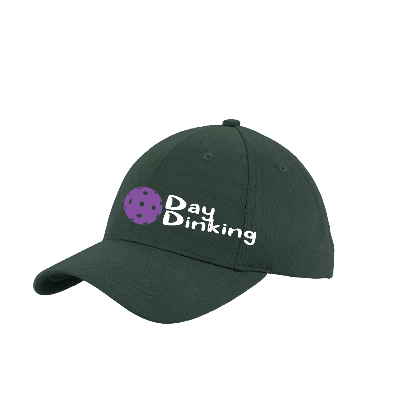 Design: Day Dinking with Customizable Pickleball Color  This fun pickleball hat is the perfect accessory for all pickleball players needing to keep their focus on the game and not the sun. The moisture-wicking material is made of 100% polyester with closed-hole flat back mesh and PosiCharge Technology. The back closure is a hock and loop style made to adjust to every adult.