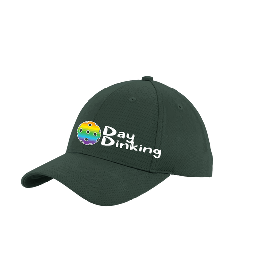 Design: Day Dinking with Customizable Pickleball Color  This fun pickleball hat is the perfect accessory for all pickleball players needing to keep their focus on the game and not the sun. The moisture-wicking material is made of 100% polyester with closed-hole flat back mesh and PosiCharge Technology. The back closure is a hock and loop style made to adjust to every adult.