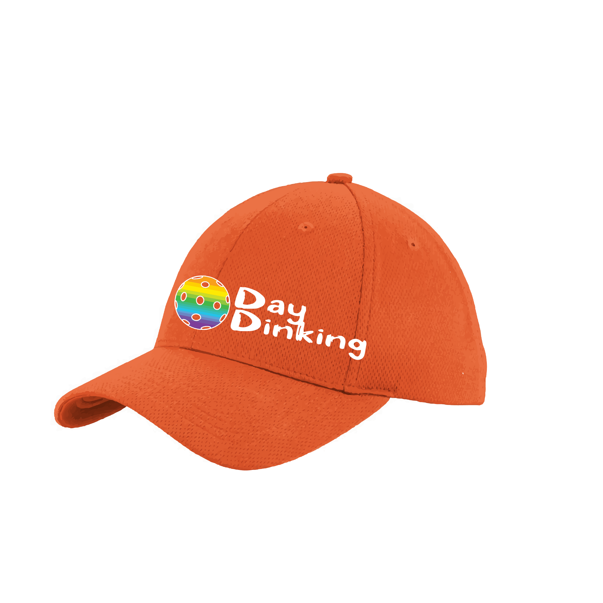 Design: Day Dinking with Customizable Pickleball Color  This fun pickleball hat is the perfect accessory for all pickleball players needing to keep their focus on the game and not the sun. The moisture-wicking material is made of 100% polyester with closed-hole flat back mesh and PosiCharge Technology. The back closure is a hock and loop style made to adjust to every adult.