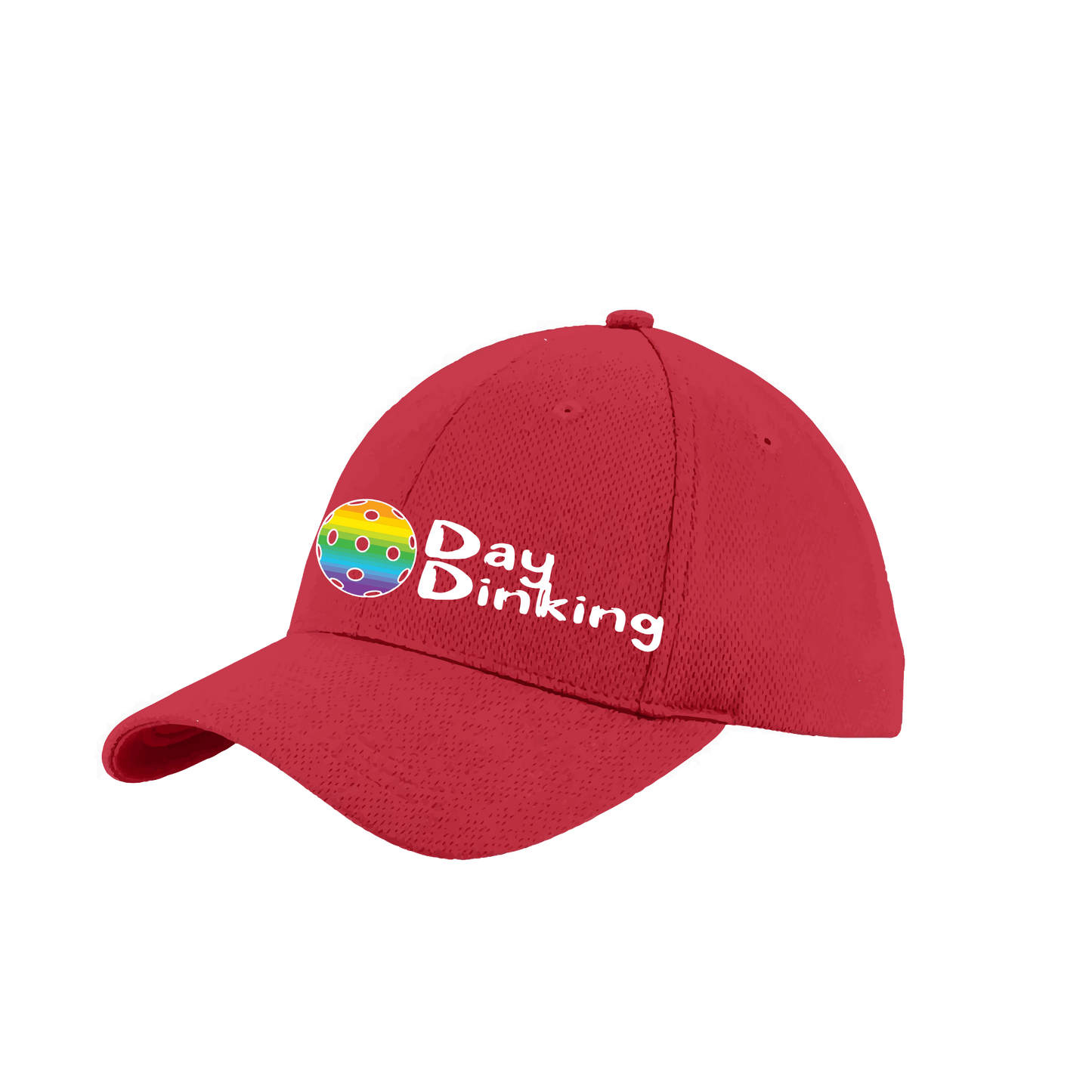 Design: Day Dinking with Customizable Pickleball Color  This fun pickleball hat is the perfect accessory for all pickleball players needing to keep their focus on the game and not the sun. The moisture-wicking material is made of 100% polyester with closed-hole flat back mesh and PosiCharge Technology. The back closure is a hock and loop style made to adjust to every adult.