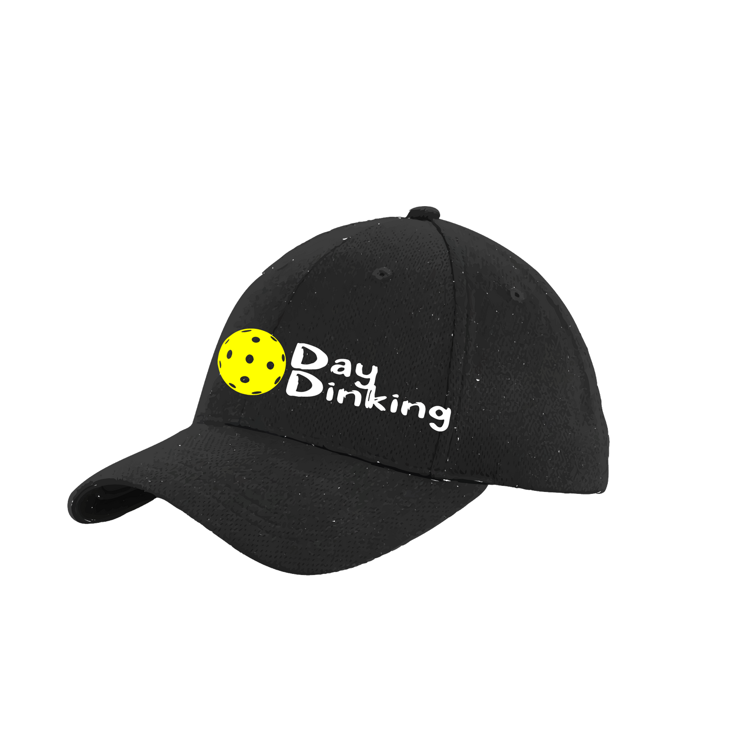 Design: Day Dinking with Customizable Pickleball Color  This fun pickleball hat is the perfect accessory for all pickleball players needing to keep their focus on the game and not the sun. The moisture-wicking material is made of 100% polyester with closed-hole flat back mesh and PosiCharge Technology. The back closure is a hock and loop style made to adjust to every adult.