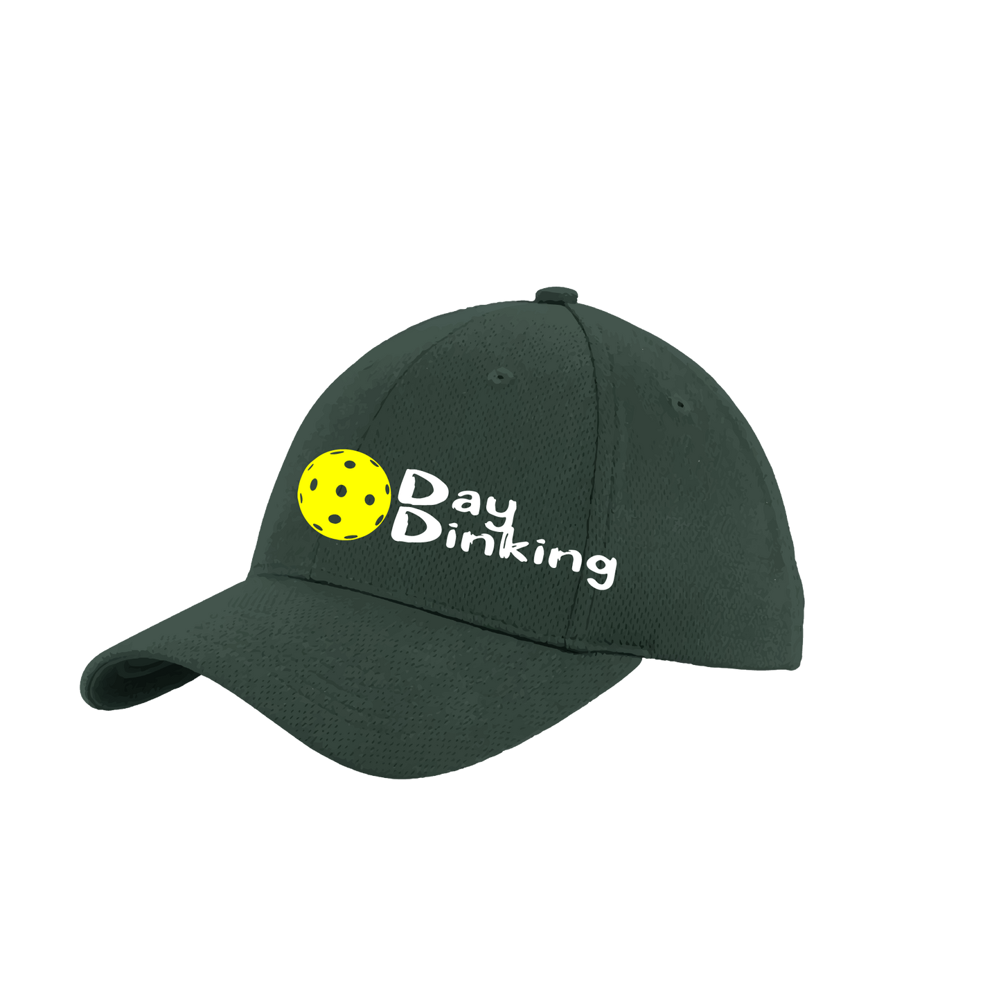 Design: Day Dinking with Customizable Pickleball Color  This fun pickleball hat is the perfect accessory for all pickleball players needing to keep their focus on the game and not the sun. The moisture-wicking material is made of 100% polyester with closed-hole flat back mesh and PosiCharge Technology. The back closure is a hock and loop style made to adjust to every adult.