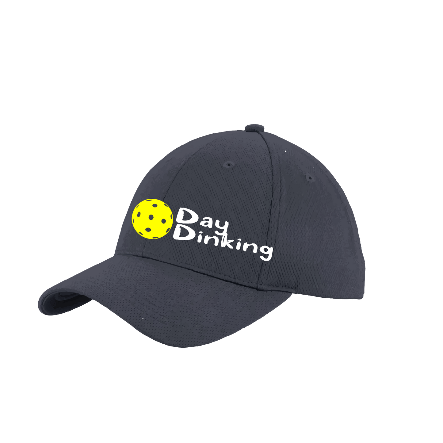 Design: Day Dinking with Customizable Pickleball Color  This fun pickleball hat is the perfect accessory for all pickleball players needing to keep their focus on the game and not the sun. The moisture-wicking material is made of 100% polyester with closed-hole flat back mesh and PosiCharge Technology. The back closure is a hock and loop style made to adjust to every adult.