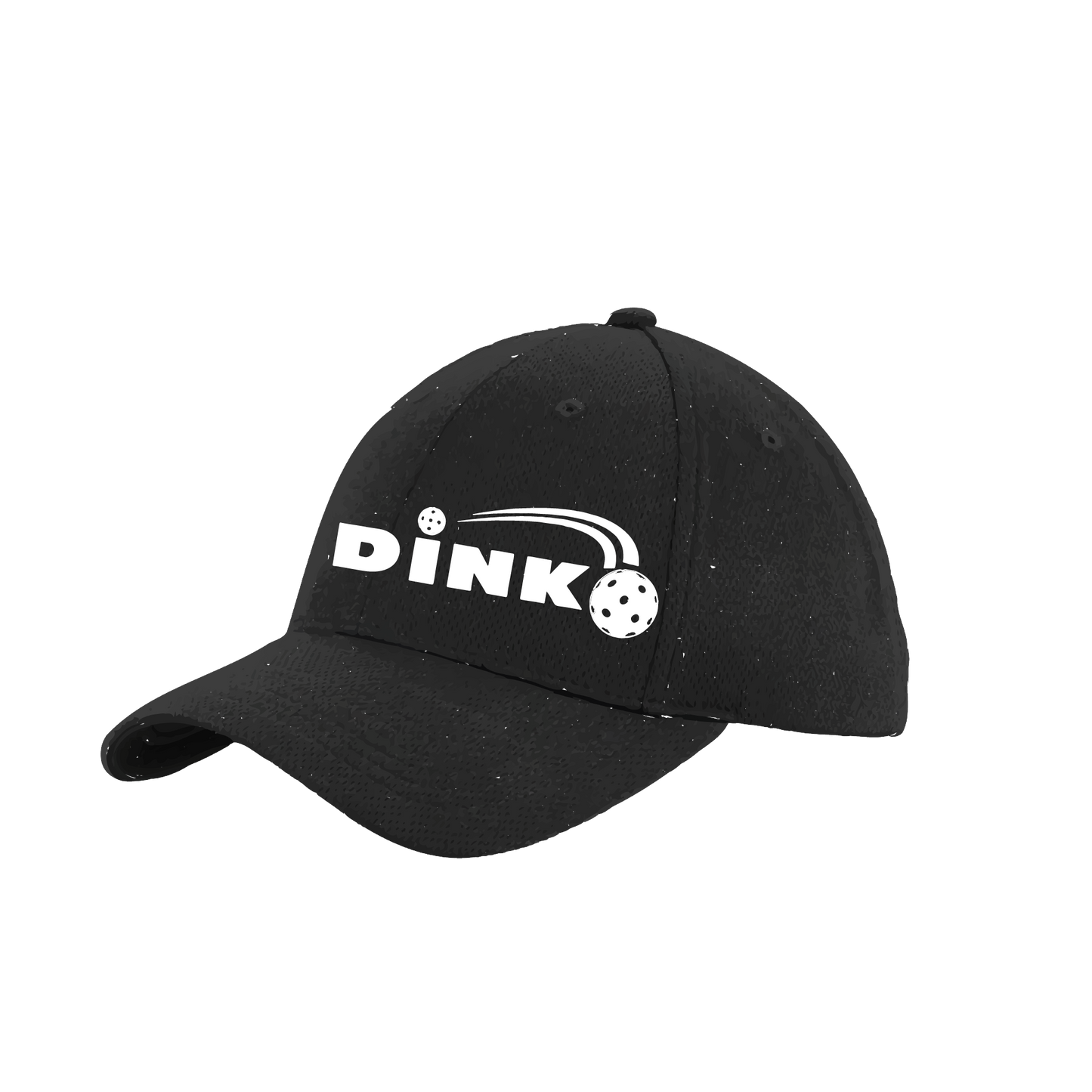 Pickleball Design: Dink  This fun pickleball hat is the perfect accessory for all pickleball players needing to keep their focus on the game and not the sun. The moisture-wicking material is made of 100% polyester with closed-hole flat back mesh and PosiCharge Technology. The back closure is a hock and loop style made to adjust to every adult.