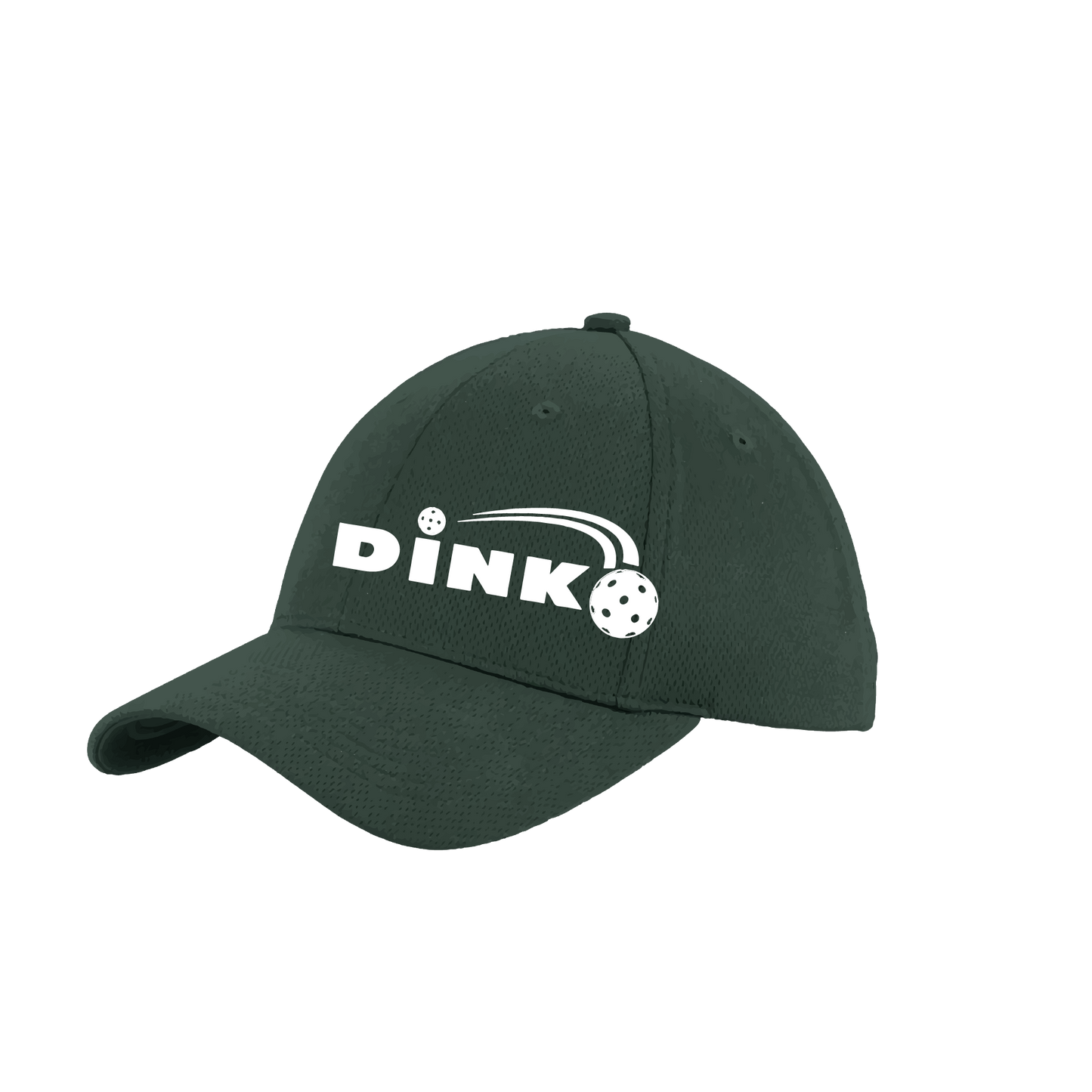 Pickleball Design: Dink  This fun pickleball hat is the perfect accessory for all pickleball players needing to keep their focus on the game and not the sun. The moisture-wicking material is made of 100% polyester with closed-hole flat back mesh and PosiCharge Technology. The back closure is a hock and loop style made to adjust to every adult.