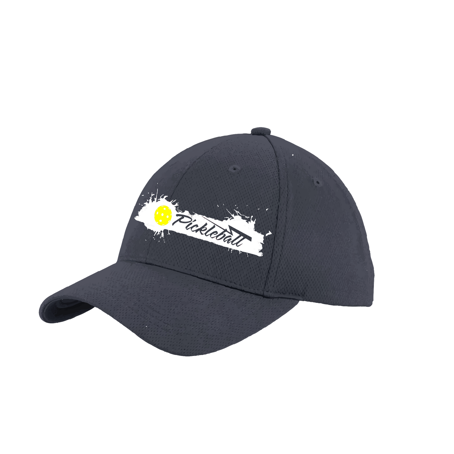 Pickleball Design: Extreme Pickleball  This fun pickleball hat is the perfect accessory for all pickleball players needing to keep their focus on the game and not the sun. The moisture-wicking material is made of 100% polyester with closed-hole flat back mesh and PosiCharge Technology. The back closure is a hock and loop style made to adjust to every adult.
