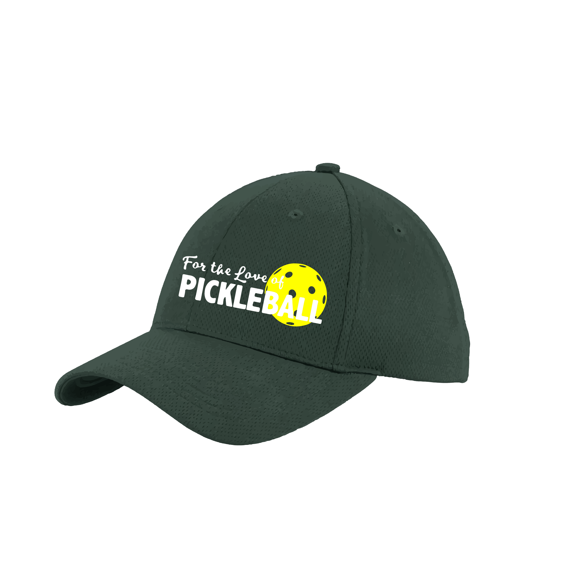 Pickleball Design: For the Love of Pickleball  This fun pickleball hat is the perfect accessory for all pickleball players needing to keep their focus on the game and not the sun. The moisture-wicking material is made of 100% polyester with closed-hole flat back mesh and PosiCharge Technology. The back closure is a hock and loop style made to adjust to every adult.