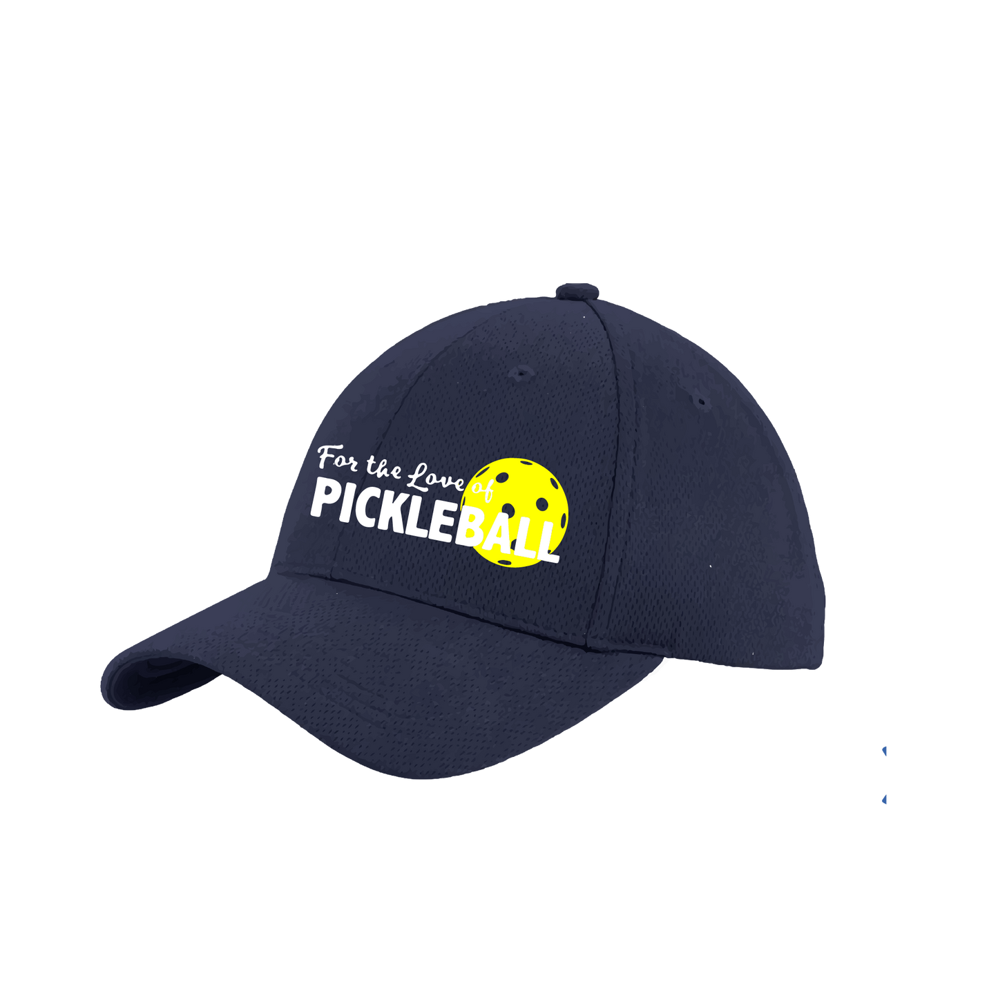 Pickleball Design: For the Love of Pickleball  This fun pickleball hat is the perfect accessory for all pickleball players needing to keep their focus on the game and not the sun. The moisture-wicking material is made of 100% polyester with closed-hole flat back mesh and PosiCharge Technology. The back closure is a hock and loop style made to adjust to every adult.