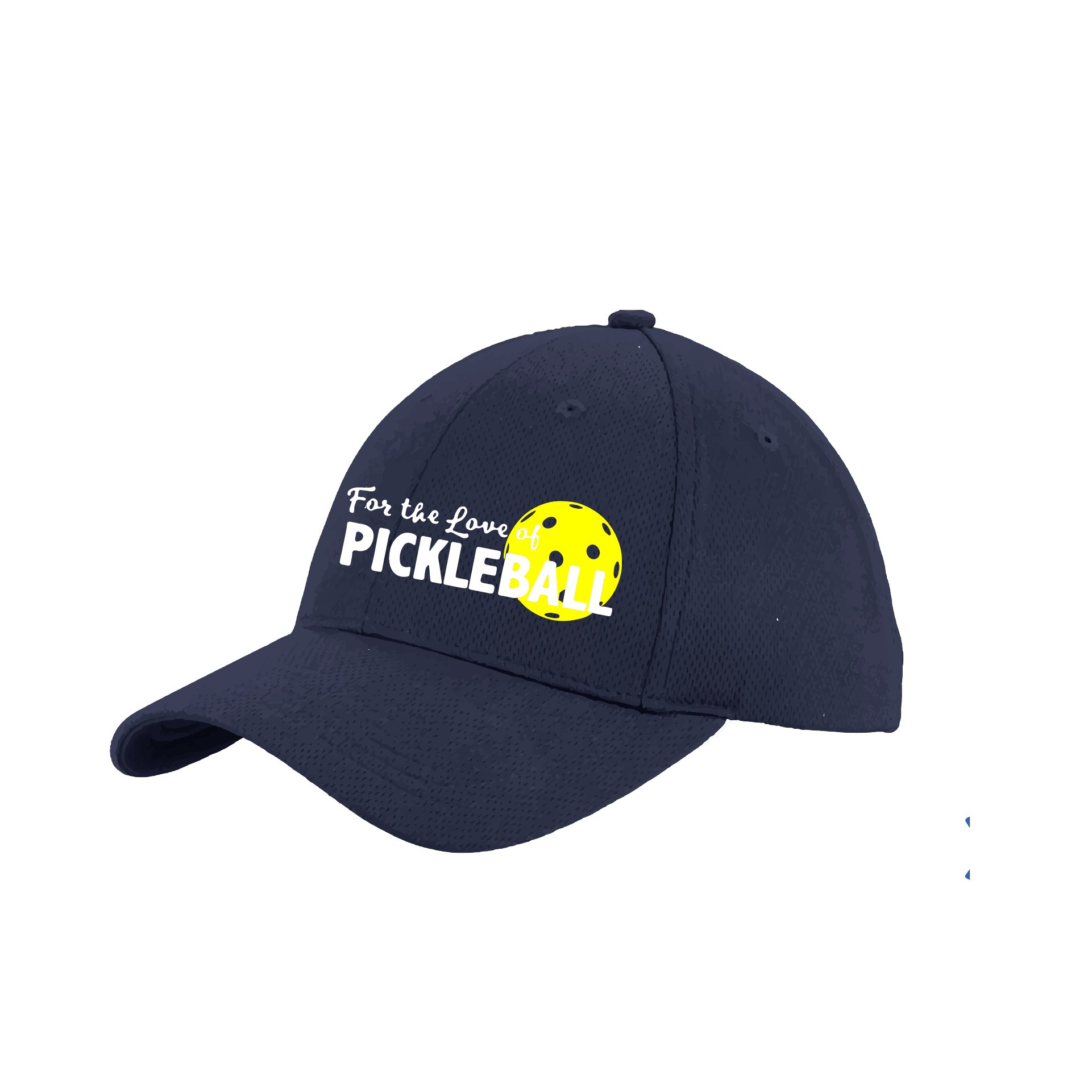 Pickleball Design: For the Love of Pickleball  This fun pickleball hat is the perfect accessory for all pickleball players needing to keep their focus on the game and not the sun. The moisture-wicking material is made of 100% polyester with closed-hole flat back mesh and PosiCharge Technology. The back closure is a hock and loop style made to adjust to every adult.