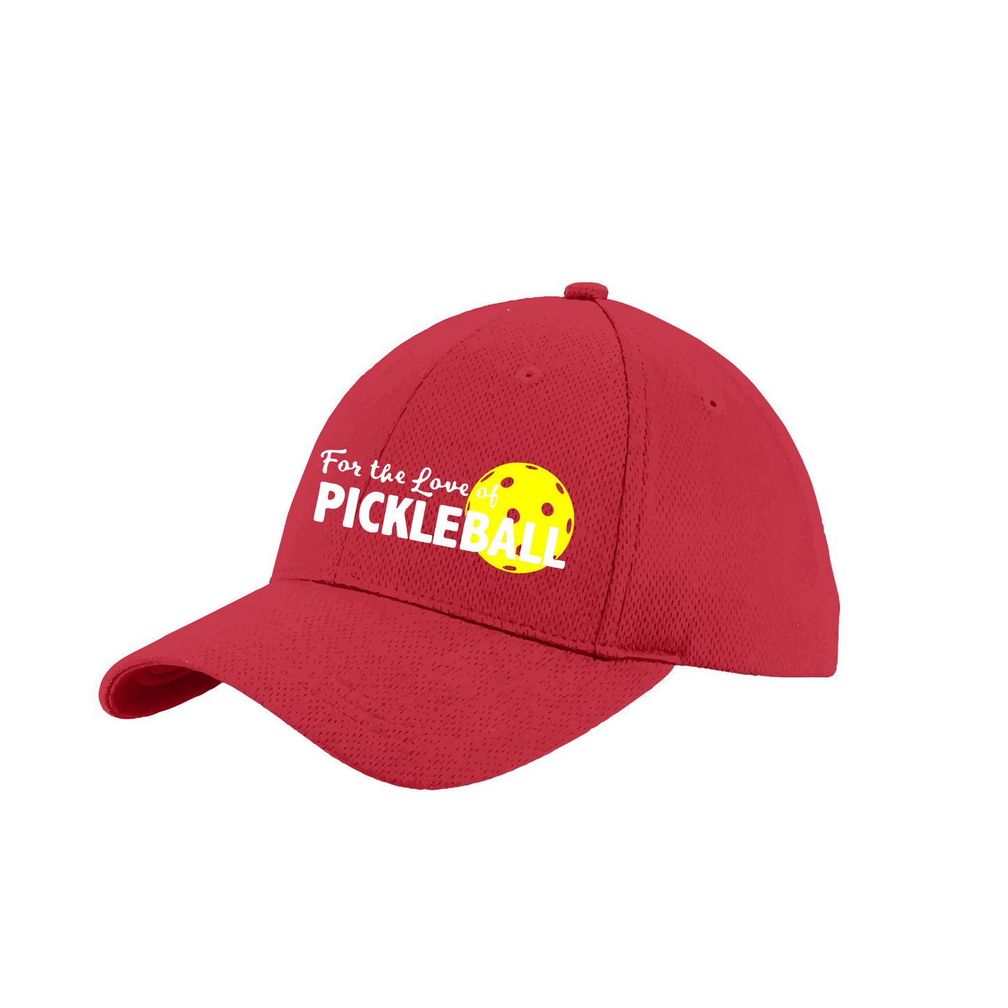 Pickleball Design: For the Love of Pickleball  This fun pickleball hat is the perfect accessory for all pickleball players needing to keep their focus on the game and not the sun. The moisture-wicking material is made of 100% polyester with closed-hole flat back mesh and PosiCharge Technology. The back closure is a hock and loop style made to adjust to every adult.