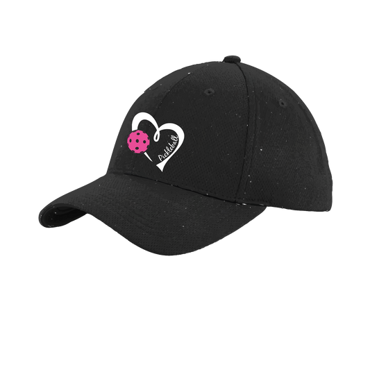 Pickleball Hat Design: Pickleball Heart  This fun pickleball hat is the perfect accessory for all pickleball players needing to keep their focus on the game and not the sun. The moisture-wicking material is made of 100% polyester with closed-hole flat back mesh and PosiCharge Technology. The back closure is a hock and loop style made to adjust to every adult.