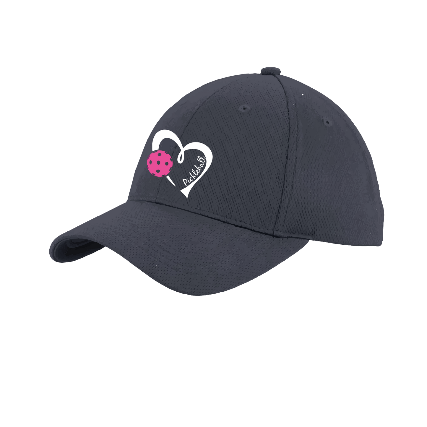 Pickleball Hat Design: Pickleball Heart  This fun pickleball hat is the perfect accessory for all pickleball players needing to keep their focus on the game and not the sun. The moisture-wicking material is made of 100% polyester with closed-hole flat back mesh and PosiCharge Technology. The back closure is a hock and loop style made to adjust to every adult.