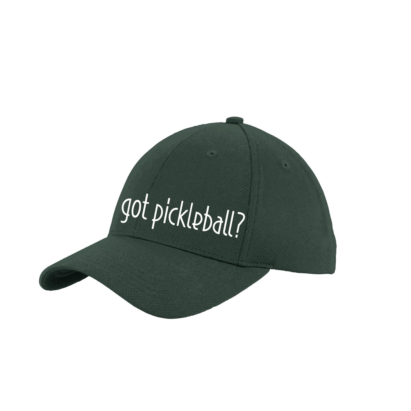 Design: Got Pickleball?  This fun pickleball hat is the perfect accessory for all pickleball players needing to keep their focus on the game and not the sun. The moisture-wicking material is made of 100% polyester with closed-hole flat back mesh and PosiCharge Technology. The back closure is a hock and loop style made to adjust to every adult.