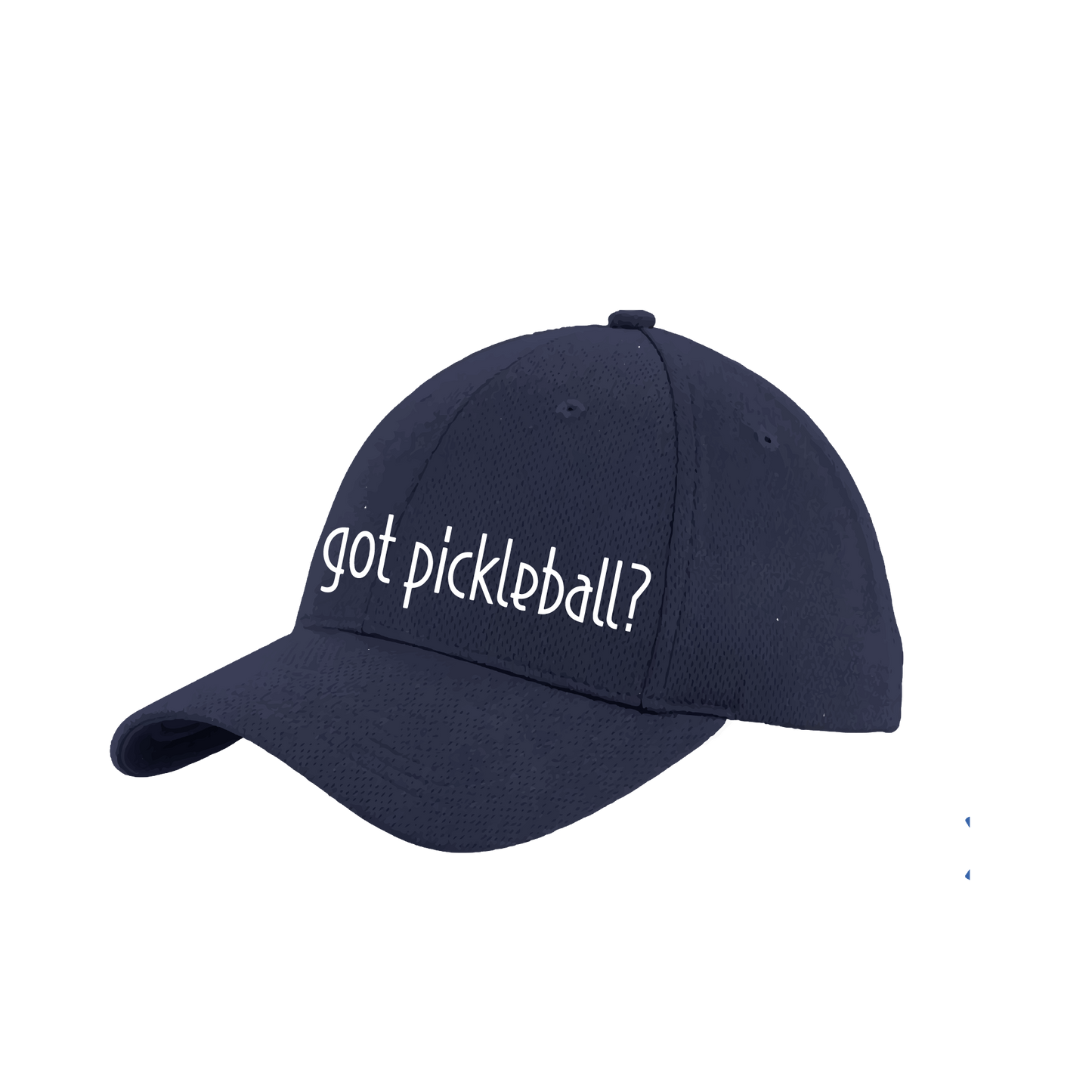 Design: Got Pickleball?  This fun pickleball hat is the perfect accessory for all pickleball players needing to keep their focus on the game and not the sun. The moisture-wicking material is made of 100% polyester with closed-hole flat back mesh and PosiCharge Technology. The back closure is a hock and loop style made to adjust to every adult.