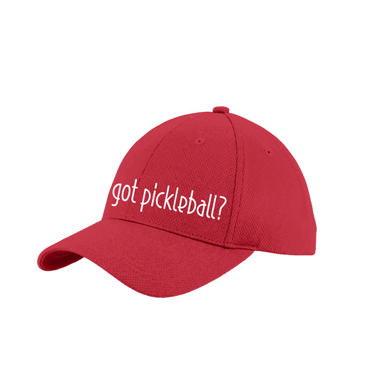 Design: Got Pickleball?  This fun pickleball hat is the perfect accessory for all pickleball players needing to keep their focus on the game and not the sun. The moisture-wicking material is made of 100% polyester with closed-hole flat back mesh and PosiCharge Technology. The back closure is a hock and loop style made to adjust to every adult.