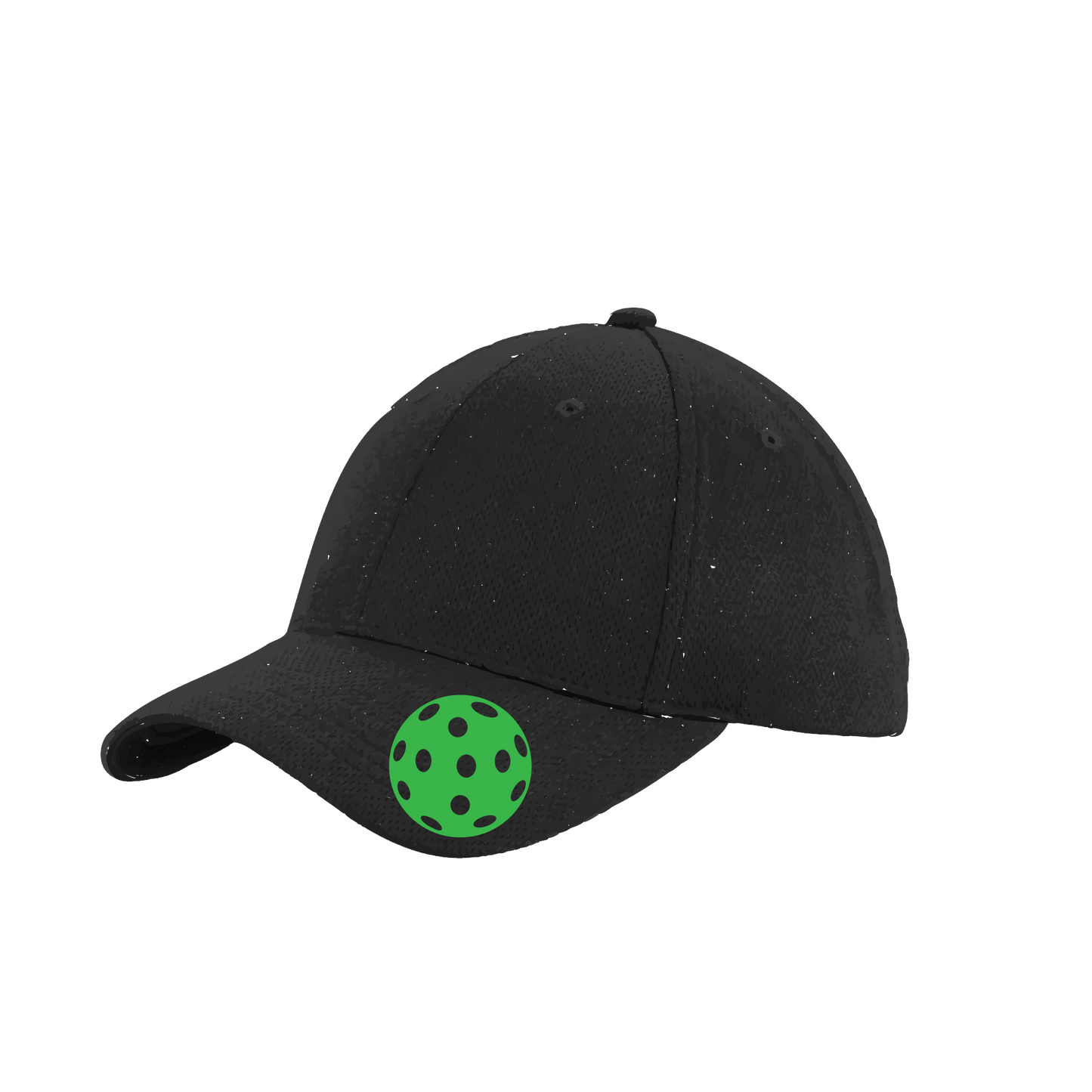 Pickleball Hat Design: Green Pickleball  This fun pickleball hat is the perfect accessory for all pickleball players needing to keep their focus on the game and not the sun. The moisture-wicking material is made of 100% polyester with closed-hole flat back mesh and PosiCharge Technology. The back closure is a hock and loop style made to adjust to every adult.