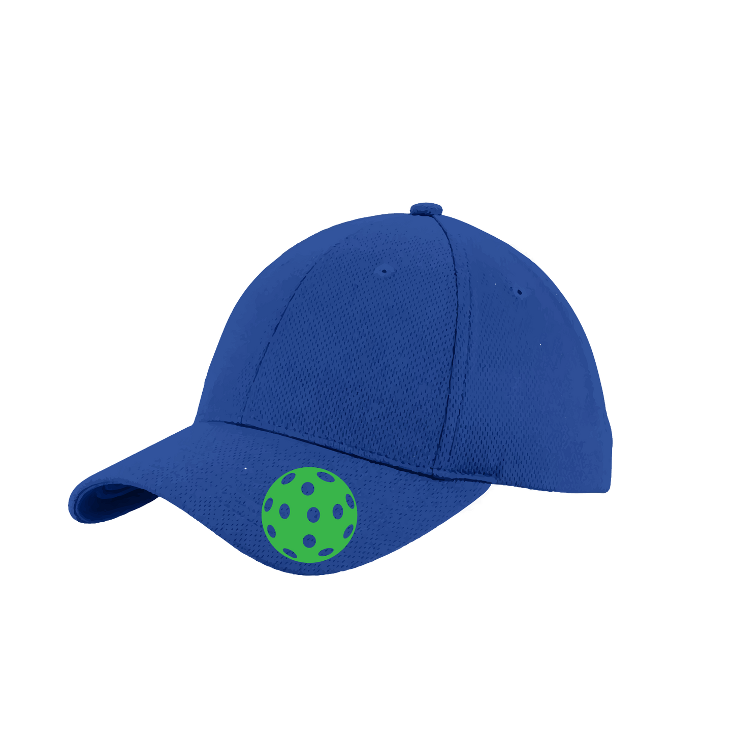 Pickleball Hat Design: Green Pickleball  This fun pickleball hat is the perfect accessory for all pickleball players needing to keep their focus on the game and not the sun. The moisture-wicking material is made of 100% polyester with closed-hole flat back mesh and PosiCharge Technology. The back closure is a hock and loop style made to adjust to every adult.