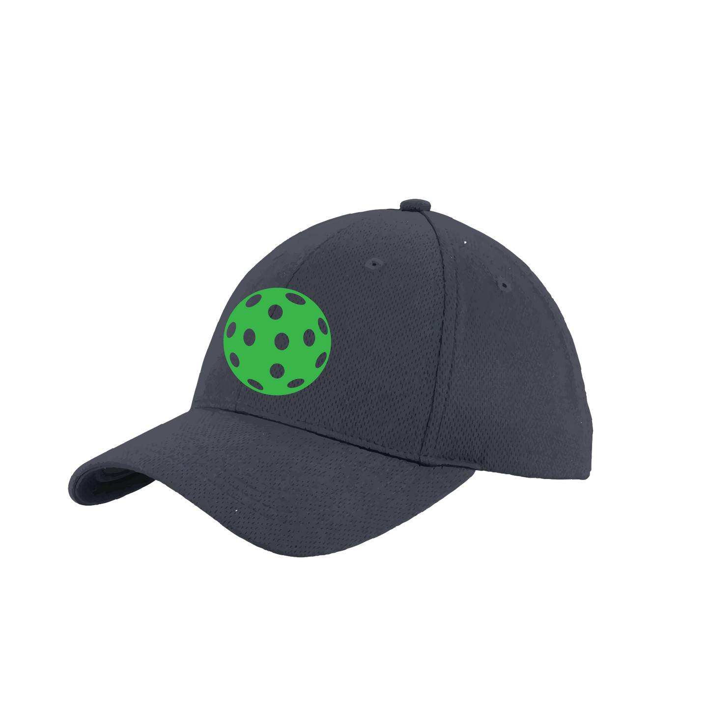 Pickleball Hat Design: Green Pickleball  This fun pickleball hat is the perfect accessory for all pickleball players needing to keep their focus on the game and not the sun. The moisture-wicking material is made of 100% polyester with closed-hole flat back mesh and PosiCharge Technology. The back closure is a hock and loop style made to adjust to every adult.