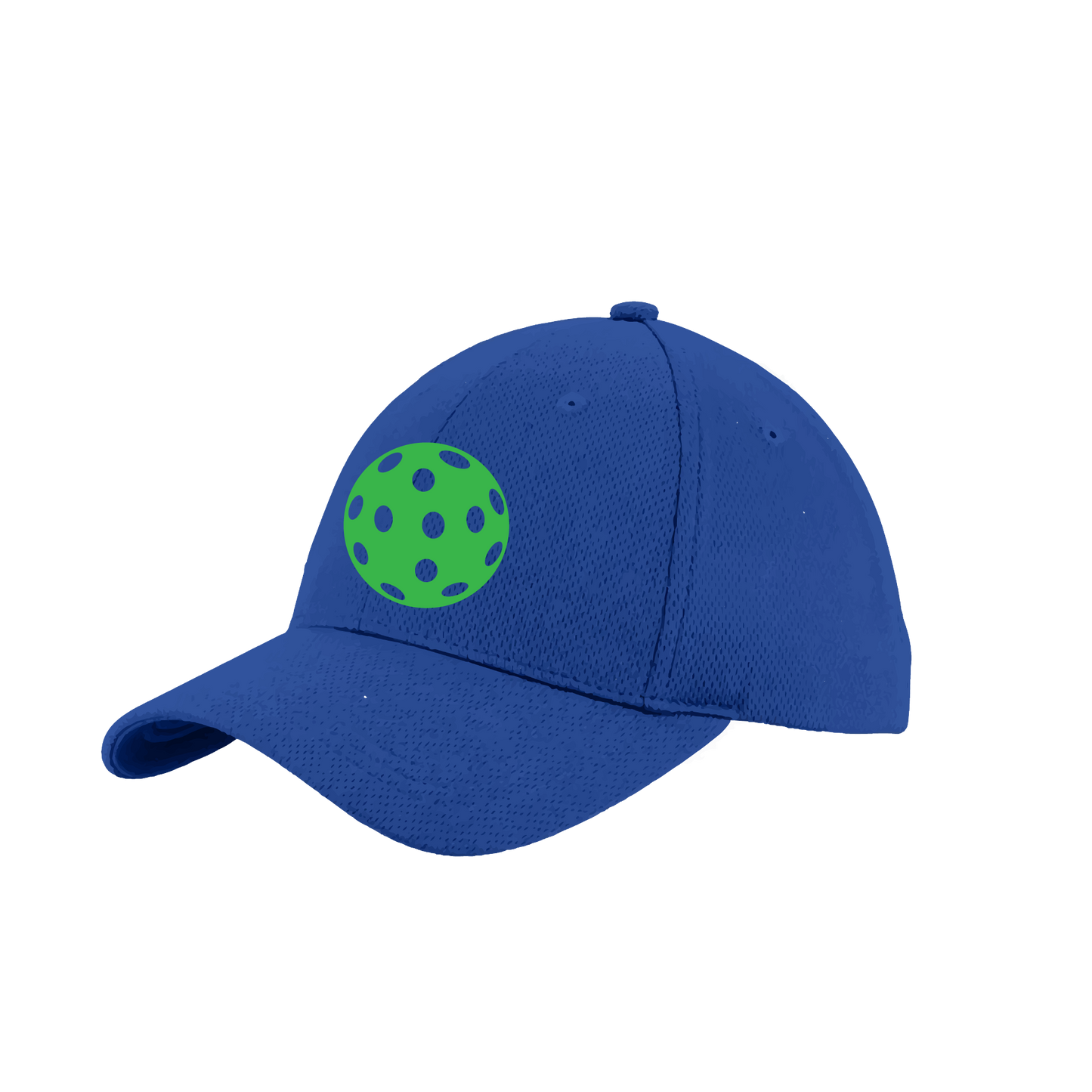 Pickleball Hat Design: Green Pickleball  This fun pickleball hat is the perfect accessory for all pickleball players needing to keep their focus on the game and not the sun. The moisture-wicking material is made of 100% polyester with closed-hole flat back mesh and PosiCharge Technology. The back closure is a hock and loop style made to adjust to every adult.