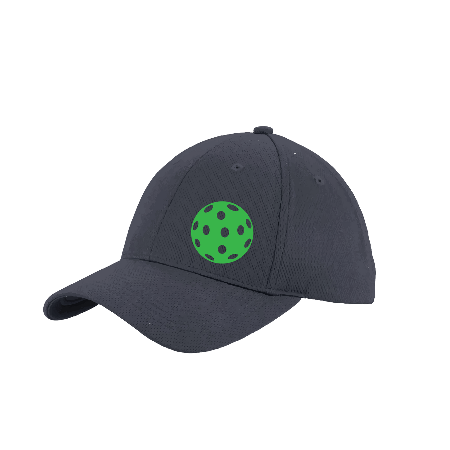 Pickleball Hat Design: Green Pickleball  This fun pickleball hat is the perfect accessory for all pickleball players needing to keep their focus on the game and not the sun. The moisture-wicking material is made of 100% polyester with closed-hole flat back mesh and PosiCharge Technology. The back closure is a hock and loop style made to adjust to every adult.