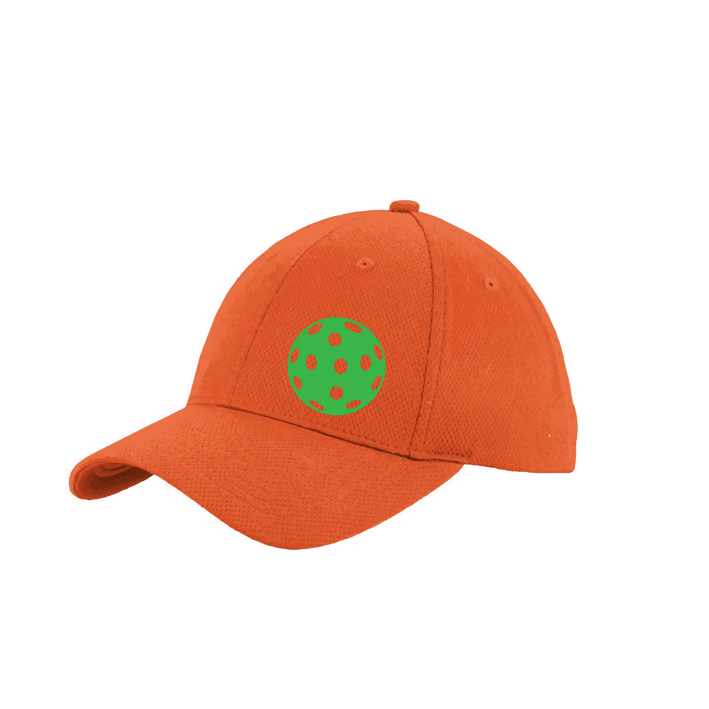 Pickleball Hat Design: Green Pickleball  This fun pickleball hat is the perfect accessory for all pickleball players needing to keep their focus on the game and not the sun. The moisture-wicking material is made of 100% polyester with closed-hole flat back mesh and PosiCharge Technology. The back closure is a hock and loop style made to adjust to every adult.