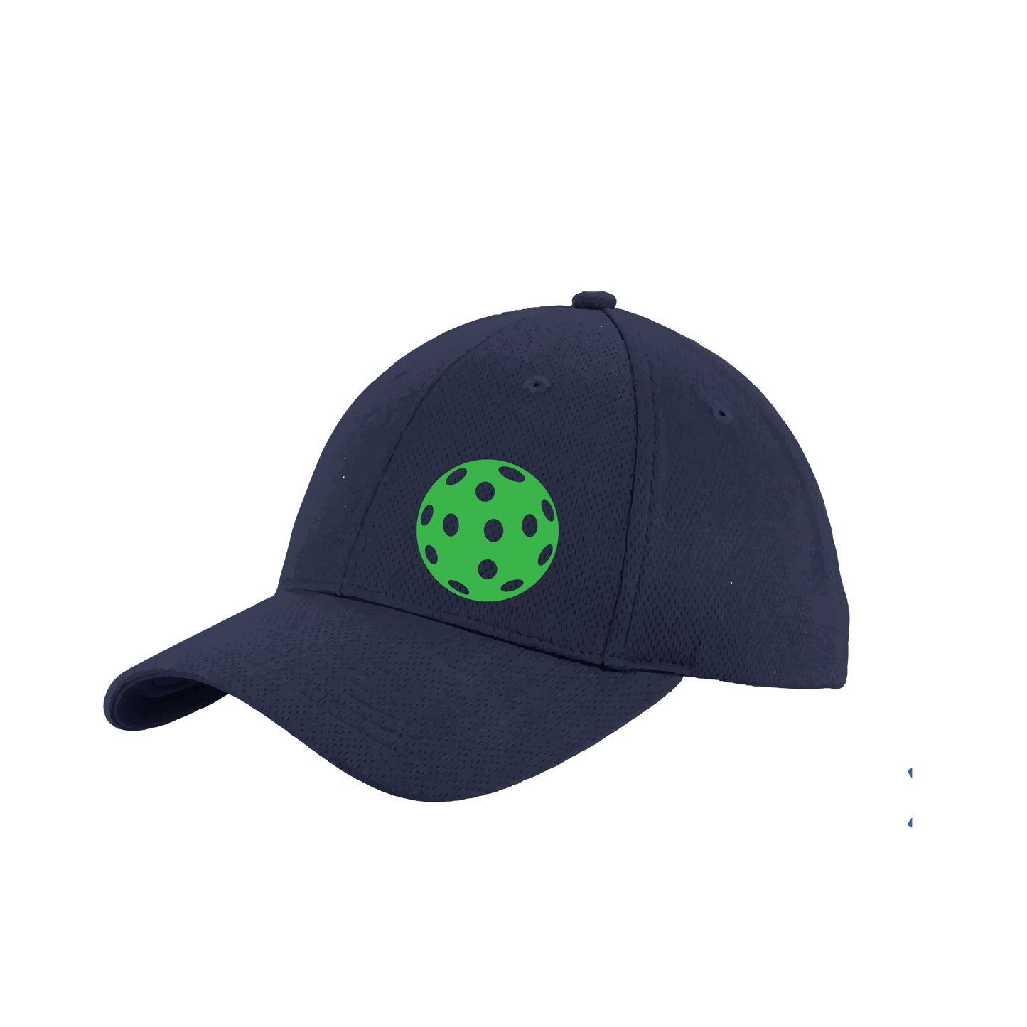 Pickleball Hat Design: Green Pickleball  This fun pickleball hat is the perfect accessory for all pickleball players needing to keep their focus on the game and not the sun. The moisture-wicking material is made of 100% polyester with closed-hole flat back mesh and PosiCharge Technology. The back closure is a hock and loop style made to adjust to every adult.