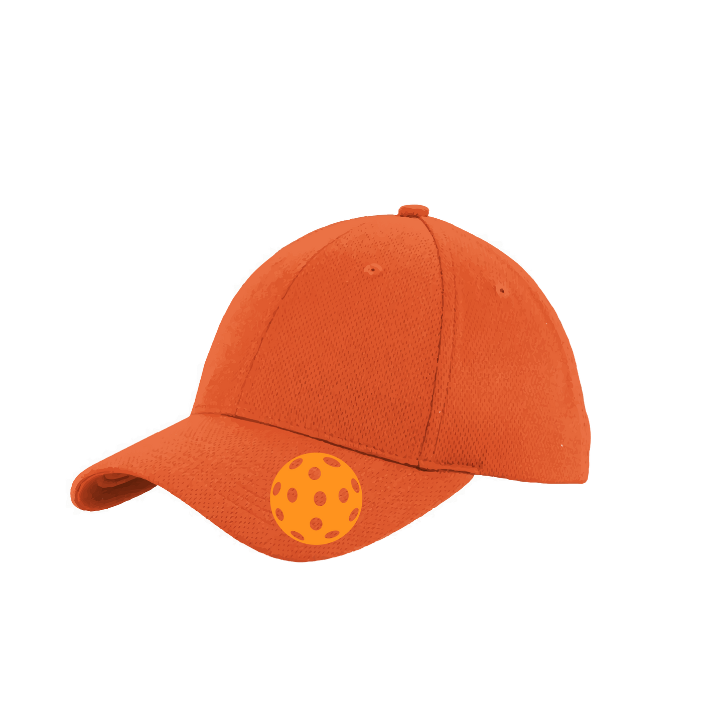 Pickleball Hat Design: Orange Pickleball  This fun pickleball hat is the perfect accessory for all pickleball players needing to keep their focus on the game and not the sun. The moisture-wicking material is made of 100% polyester with closed-hole flat back mesh and PosiCharge Technology. The back closure is a hock and loop style made to adjust to every adult.