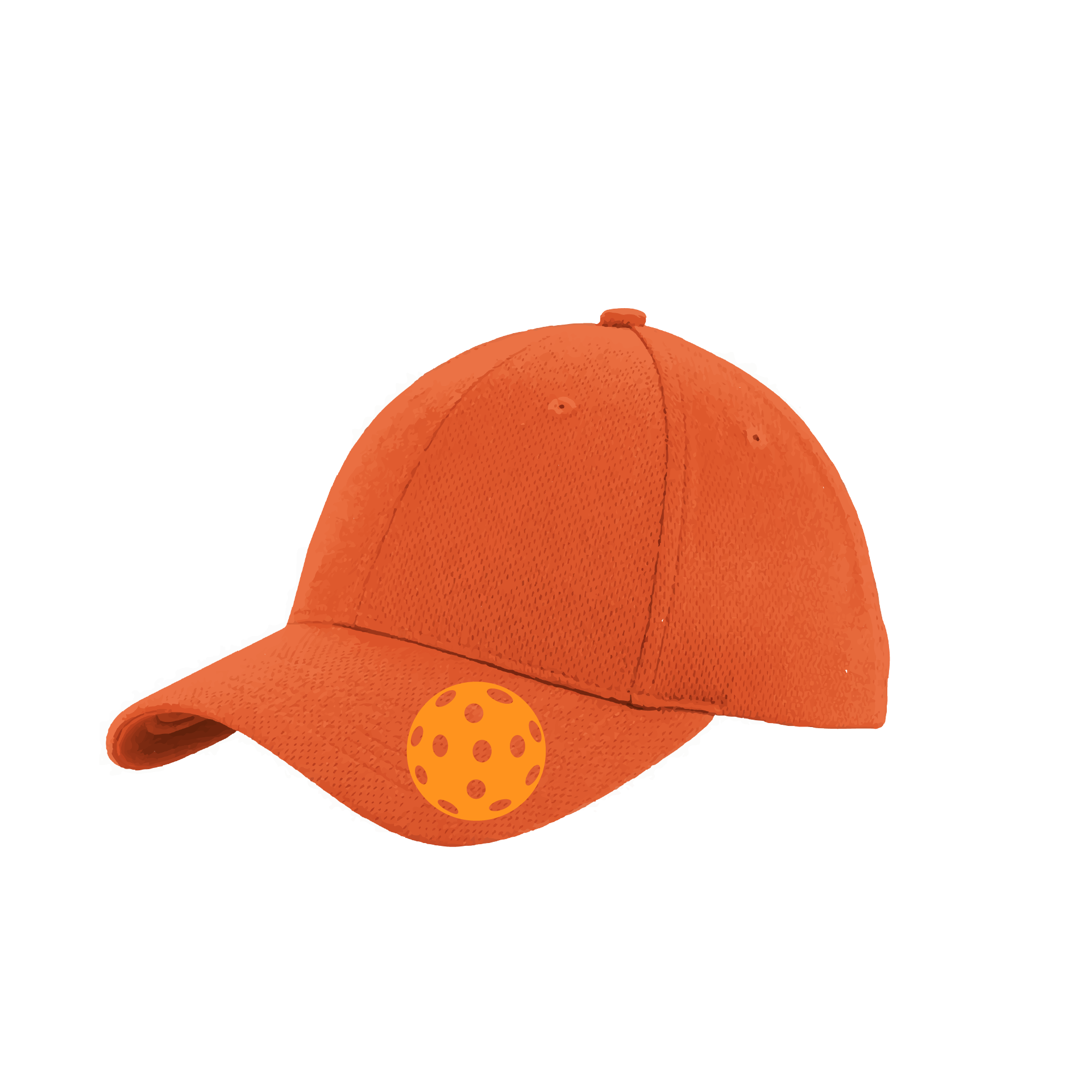 Pickleball Hat Design: Orange Pickleball  This fun pickleball hat is the perfect accessory for all pickleball players needing to keep their focus on the game and not the sun. The moisture-wicking material is made of 100% polyester with closed-hole flat back mesh and PosiCharge Technology. The back closure is a hock and loop style made to adjust to every adult.