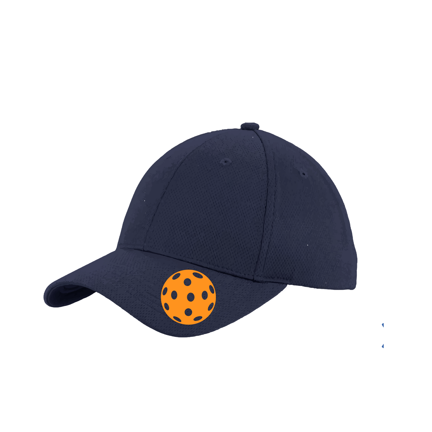 Pickleball Hat Design: Orange Pickleball  This fun pickleball hat is the perfect accessory for all pickleball players needing to keep their focus on the game and not the sun. The moisture-wicking material is made of 100% polyester with closed-hole flat back mesh and PosiCharge Technology. The back closure is a hock and loop style made to adjust to every adult.