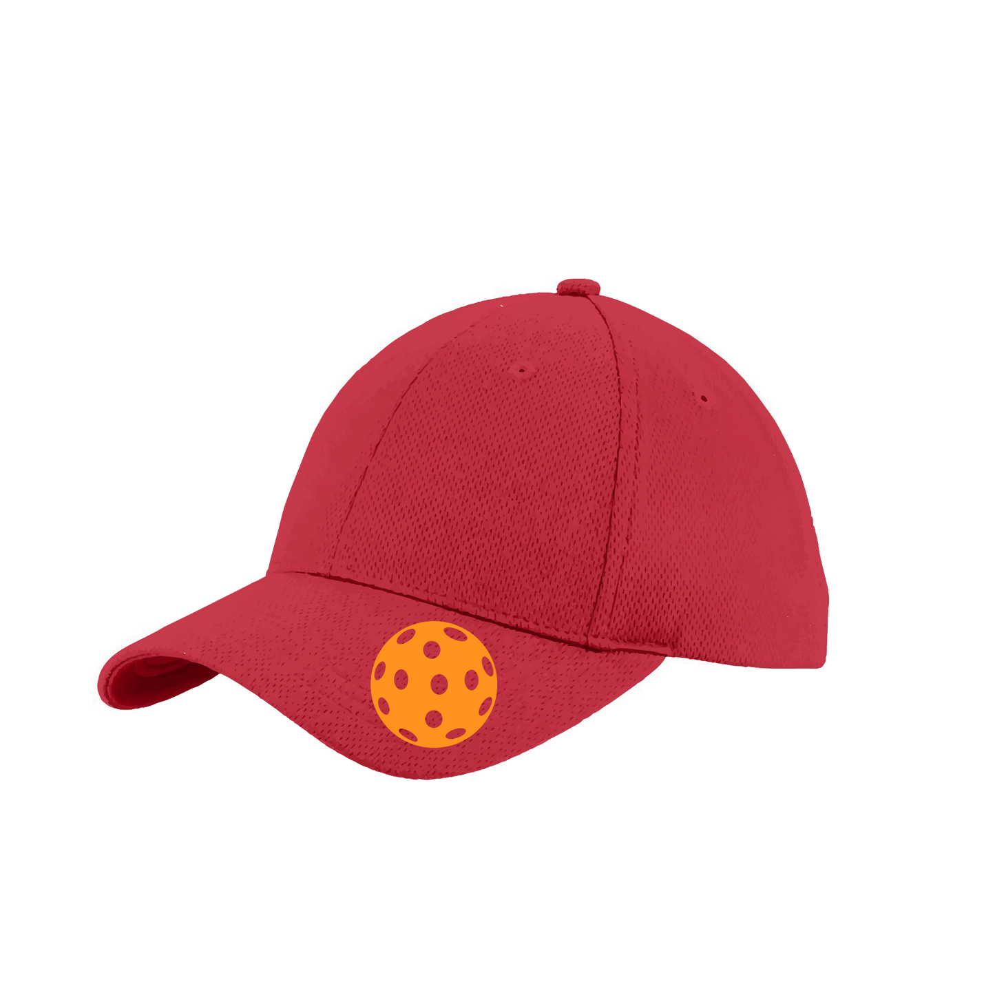 Pickleball Hat Design: Orange Pickleball  This fun pickleball hat is the perfect accessory for all pickleball players needing to keep their focus on the game and not the sun. The moisture-wicking material is made of 100% polyester with closed-hole flat back mesh and PosiCharge Technology. The back closure is a hock and loop style made to adjust to every adult.