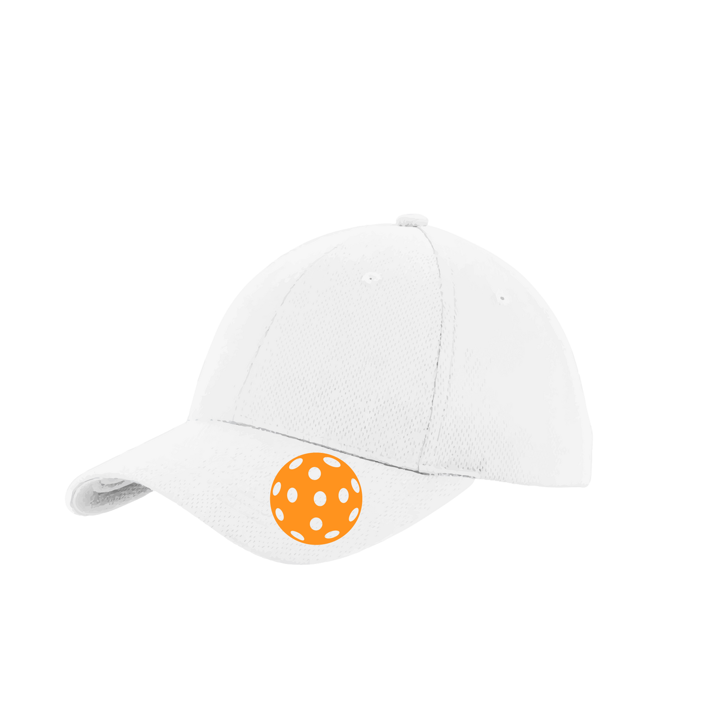 Pickleball Hat Design: Orange Pickleball  This fun pickleball hat is the perfect accessory for all pickleball players needing to keep their focus on the game and not the sun. The moisture-wicking material is made of 100% polyester with closed-hole flat back mesh and PosiCharge Technology. The back closure is a hock and loop style made to adjust to every adult.