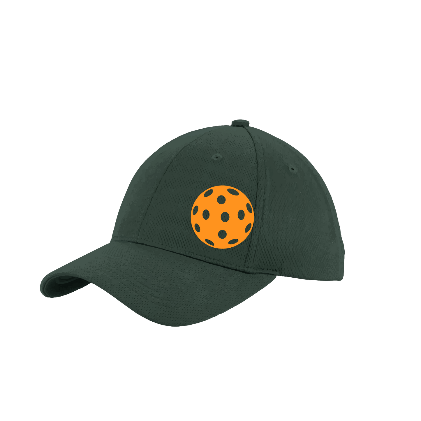 Pickleball Hat Design: Orange Pickleball  This fun pickleball hat is the perfect accessory for all pickleball players needing to keep their focus on the game and not the sun. The moisture-wicking material is made of 100% polyester with closed-hole flat back mesh and PosiCharge Technology. The back closure is a hock and loop style made to adjust to every adult.