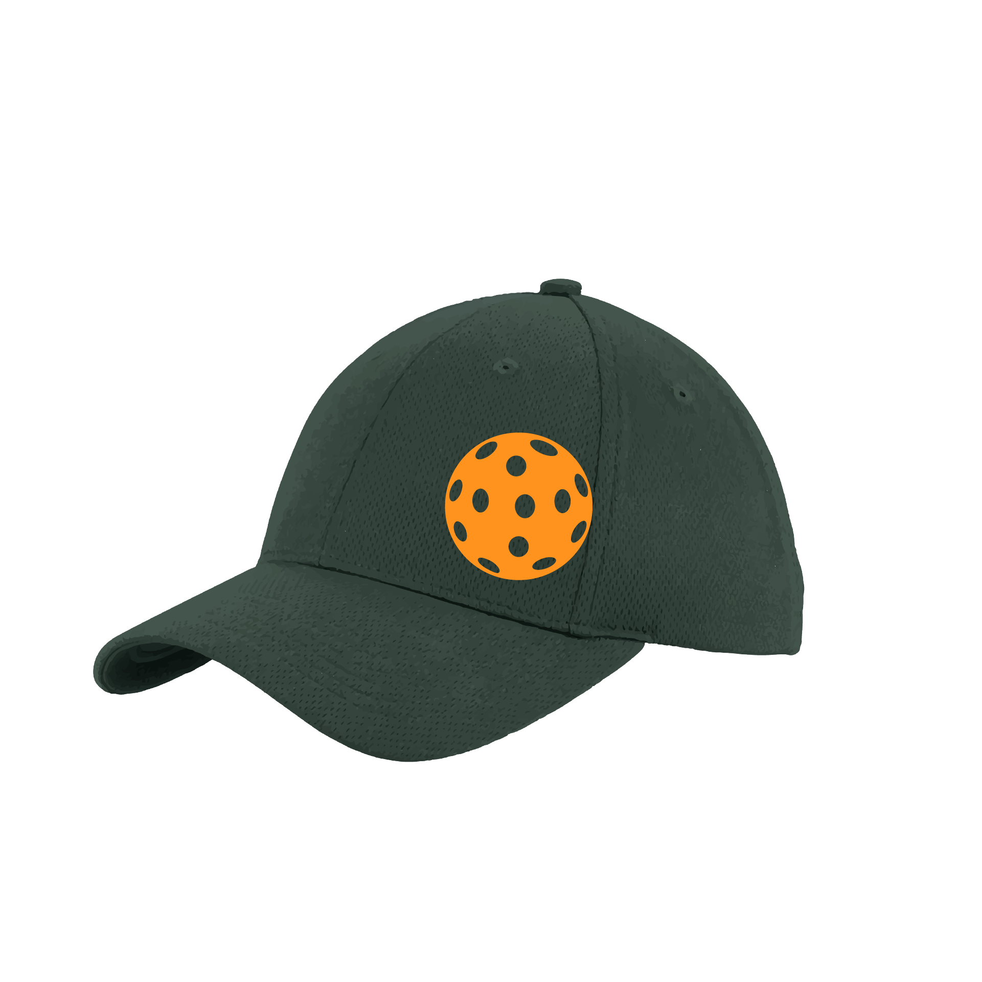 Pickleball Hat Design: Orange Pickleball  This fun pickleball hat is the perfect accessory for all pickleball players needing to keep their focus on the game and not the sun. The moisture-wicking material is made of 100% polyester with closed-hole flat back mesh and PosiCharge Technology. The back closure is a hock and loop style made to adjust to every adult.