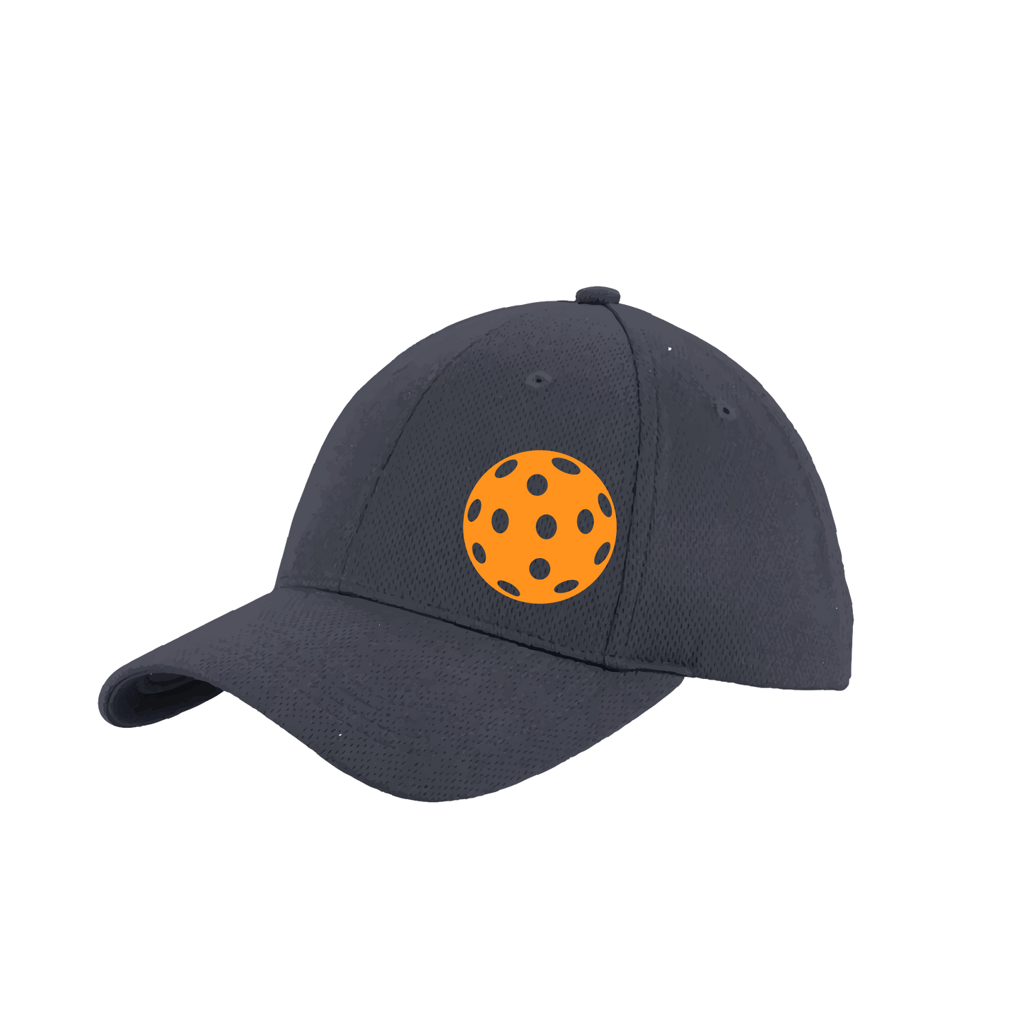 Pickleball Hat Design: Orange Pickleball  This fun pickleball hat is the perfect accessory for all pickleball players needing to keep their focus on the game and not the sun. The moisture-wicking material is made of 100% polyester with closed-hole flat back mesh and PosiCharge Technology. The back closure is a hock and loop style made to adjust to every adult.