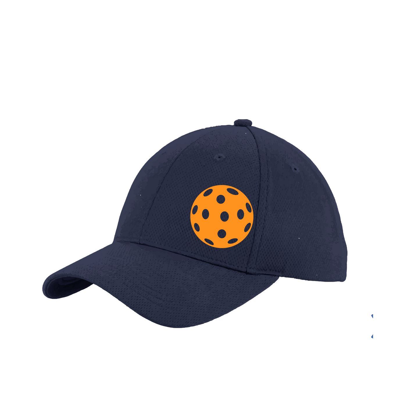 Pickleball Hat Design: Orange Pickleball  This fun pickleball hat is the perfect accessory for all pickleball players needing to keep their focus on the game and not the sun. The moisture-wicking material is made of 100% polyester with closed-hole flat back mesh and PosiCharge Technology. The back closure is a hock and loop style made to adjust to every adult.