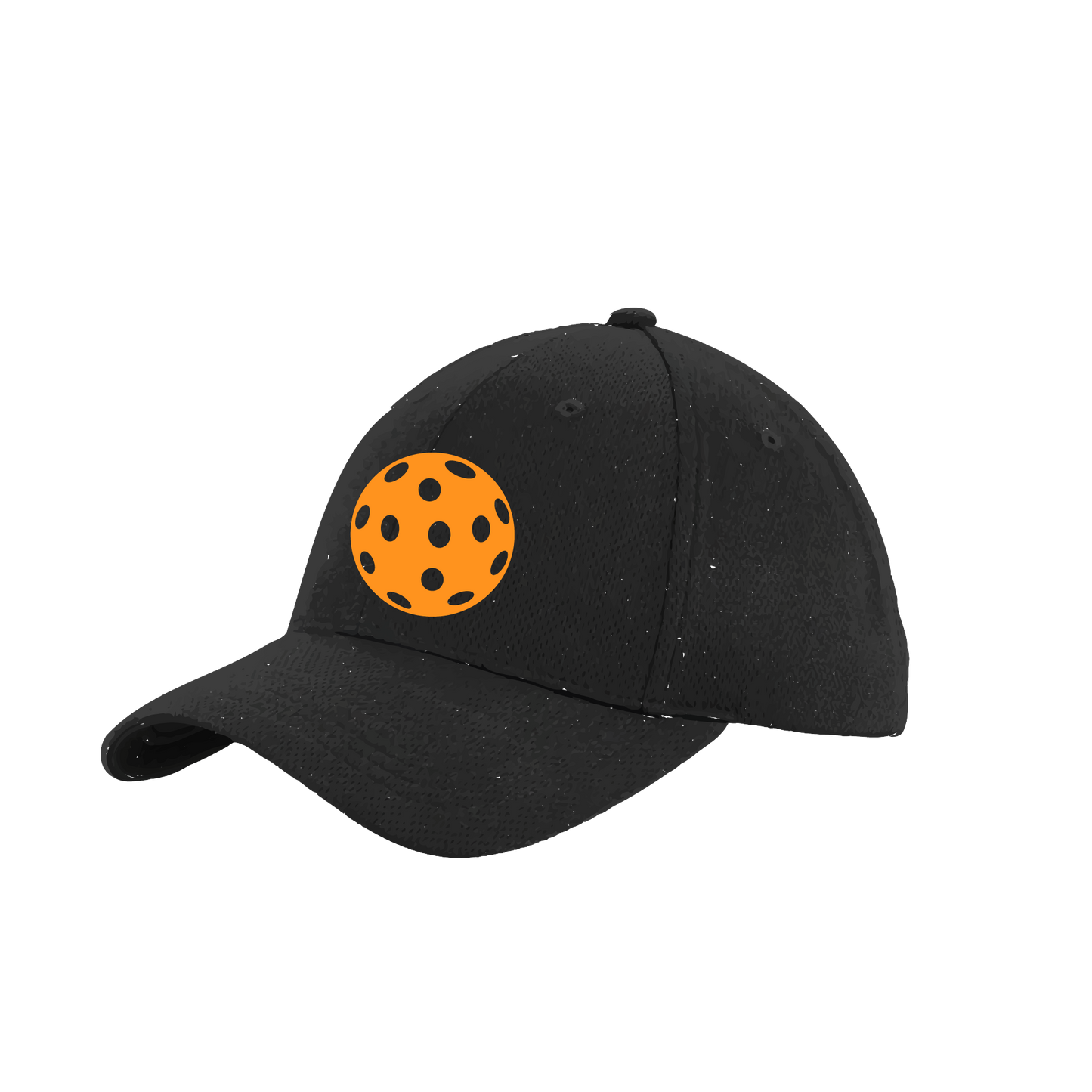 Pickleball Hat Design: Orange Pickleball  This fun pickleball hat is the perfect accessory for all pickleball players needing to keep their focus on the game and not the sun. The moisture-wicking material is made of 100% polyester with closed-hole flat back mesh and PosiCharge Technology. The back closure is a hock and loop style made to adjust to every adult.