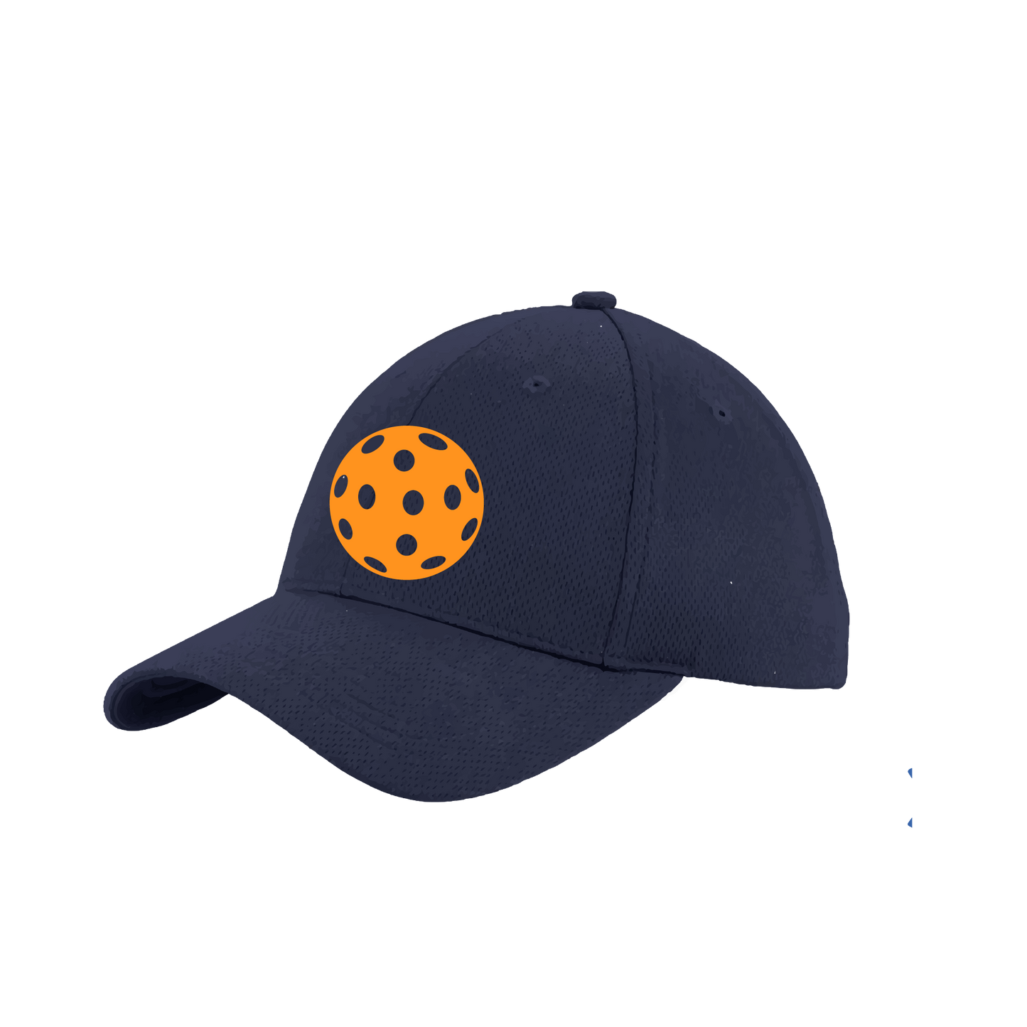 Pickleball Hat Design: Orange Pickleball  This fun pickleball hat is the perfect accessory for all pickleball players needing to keep their focus on the game and not the sun. The moisture-wicking material is made of 100% polyester with closed-hole flat back mesh and PosiCharge Technology. The back closure is a hock and loop style made to adjust to every adult.