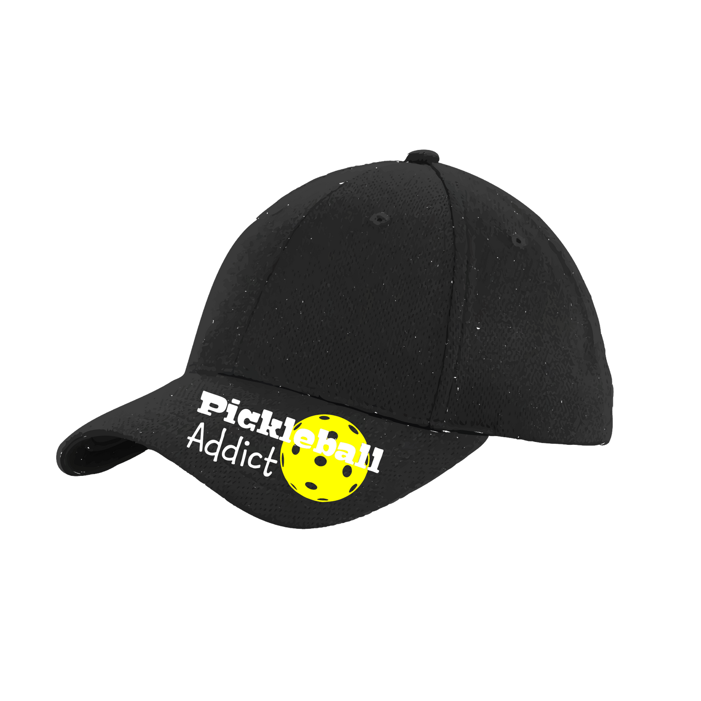 Pickleball Hat Design: Pickleball Addict  This fun pickleball hat is the perfect accessory for all pickleball players needing to keep their focus on the game and not the sun. The moisture-wicking material is made of 100% polyester with closed-hole flat back mesh and PosiCharge Technology. The back closure is a hock and loop style made to adjust to every adult.