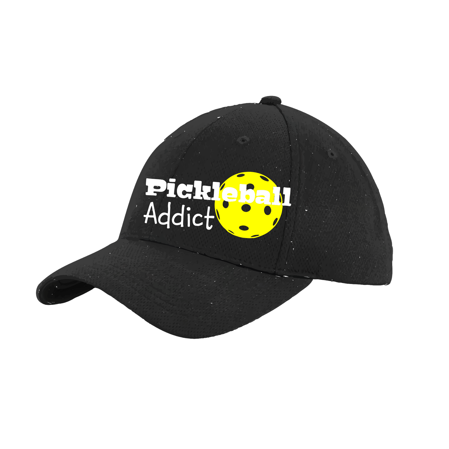 Pickleball Hat Design: Pickleball Addict  This fun pickleball hat is the perfect accessory for all pickleball players needing to keep their focus on the game and not the sun. The moisture-wicking material is made of 100% polyester with closed-hole flat back mesh and PosiCharge Technology. The back closure is a hock and loop style made to adjust to every adult.