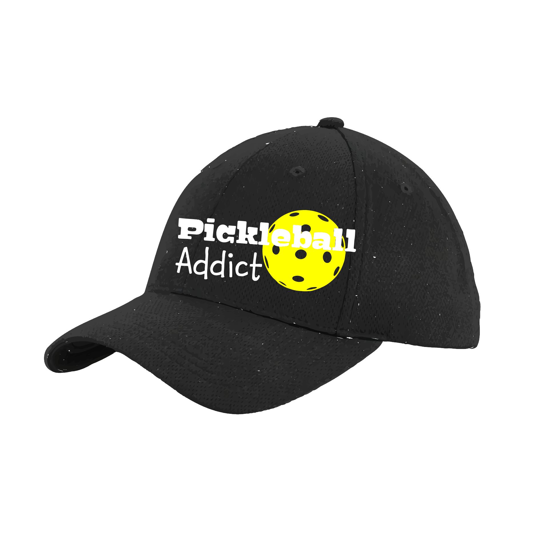 Pickleball Hat Design: Pickleball Addict  This fun pickleball hat is the perfect accessory for all pickleball players needing to keep their focus on the game and not the sun. The moisture-wicking material is made of 100% polyester with closed-hole flat back mesh and PosiCharge Technology. The back closure is a hock and loop style made to adjust to every adult.
