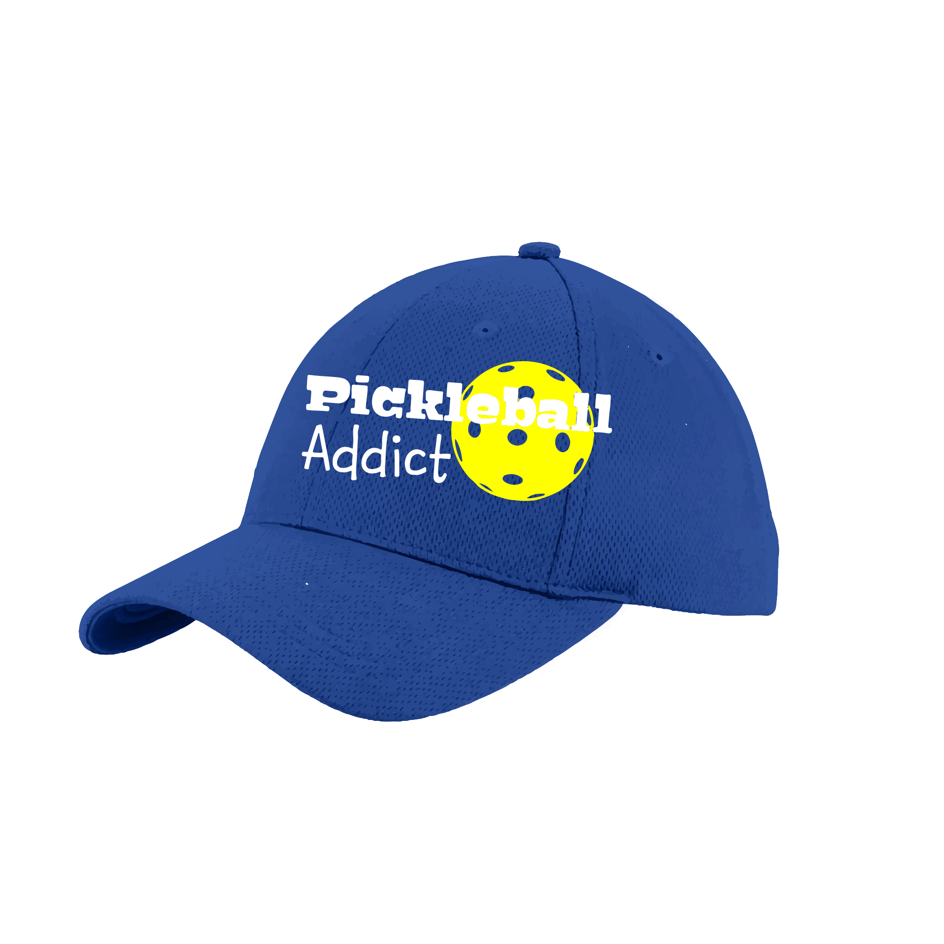 Pickleball Hat Design: Pickleball Addict  This fun pickleball hat is the perfect accessory for all pickleball players needing to keep their focus on the game and not the sun. The moisture-wicking material is made of 100% polyester with closed-hole flat back mesh and PosiCharge Technology. The back closure is a hock and loop style made to adjust to every adult.