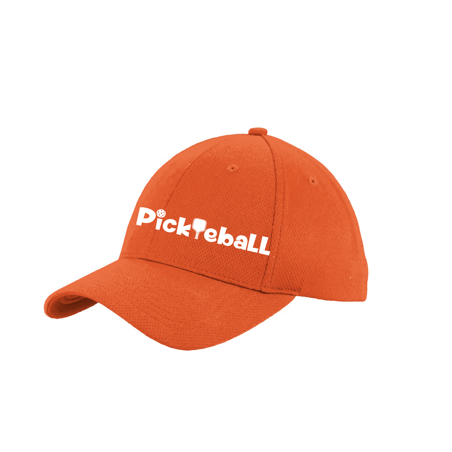 Pickleball Design: Pickleball  This fun pickleball hat is the perfect accessory for all pickleball players needing to keep their focus on the game and not the sun. The moisture-wicking material is made of 100% polyester with closed-hole flat back mesh and PosiCharge Technology. The back closure is a hock and loop style made to adjust to every adult.